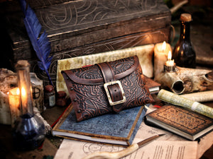 Arcane Hipbag Medieval Leather Hip Bag Embossed and weathered in a premium style for Fantasy ren-fairs, cosplay, larp, fairies, renaissance