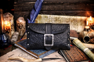 Arcane Hipbag Medieval Leather Hip Bag Embossed and weathered in a premium style for Fantasy ren-fairs, cosplay, larp, fairies, renaissance