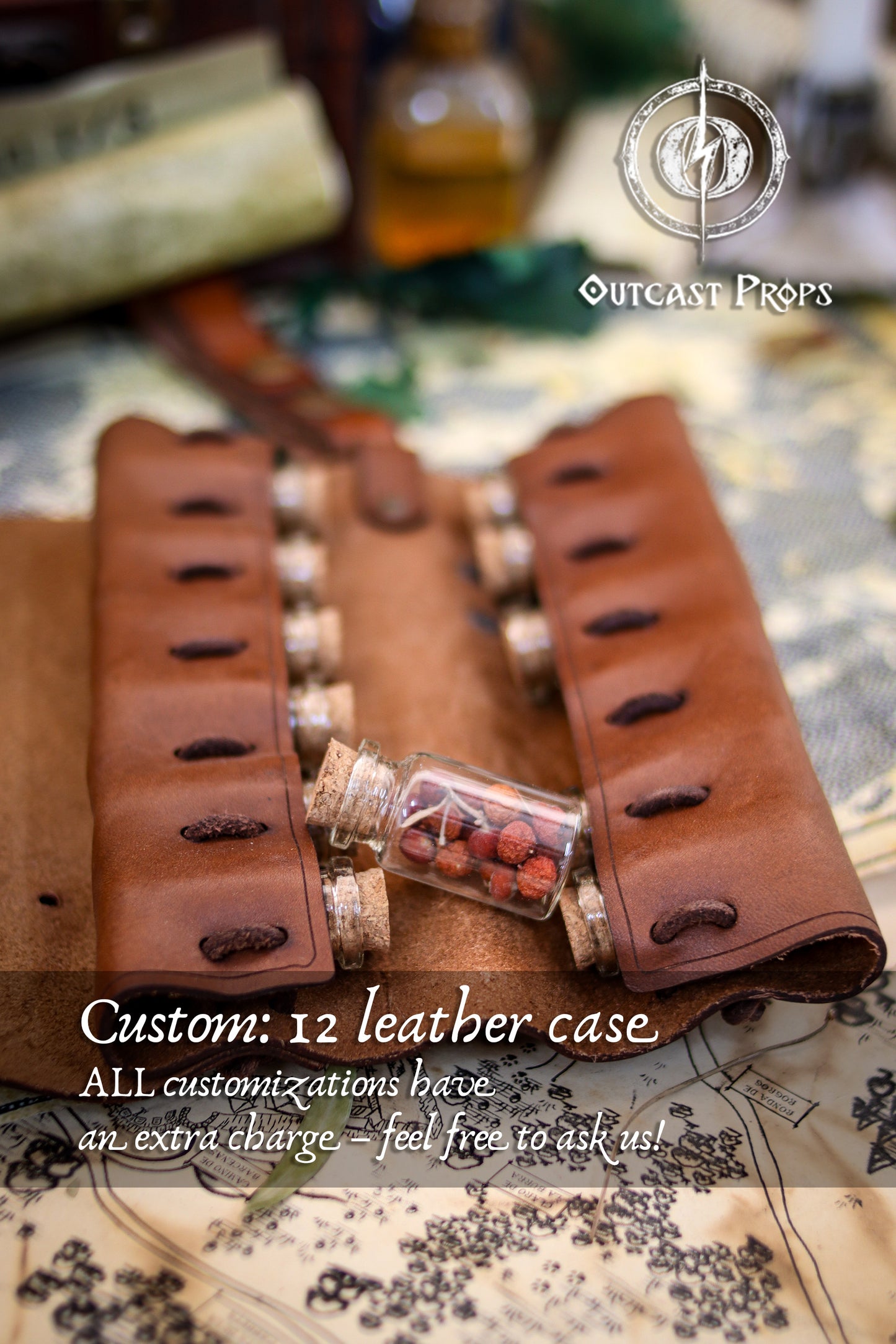 Brown leather case with a small glass bottle containing red berries on a map background, featuring Outcast Props branding. 12 Small Potion leather case, vertical belt kit for LARP, Cosplay and Costume. Easily Carry six strong cristal bottle with cork