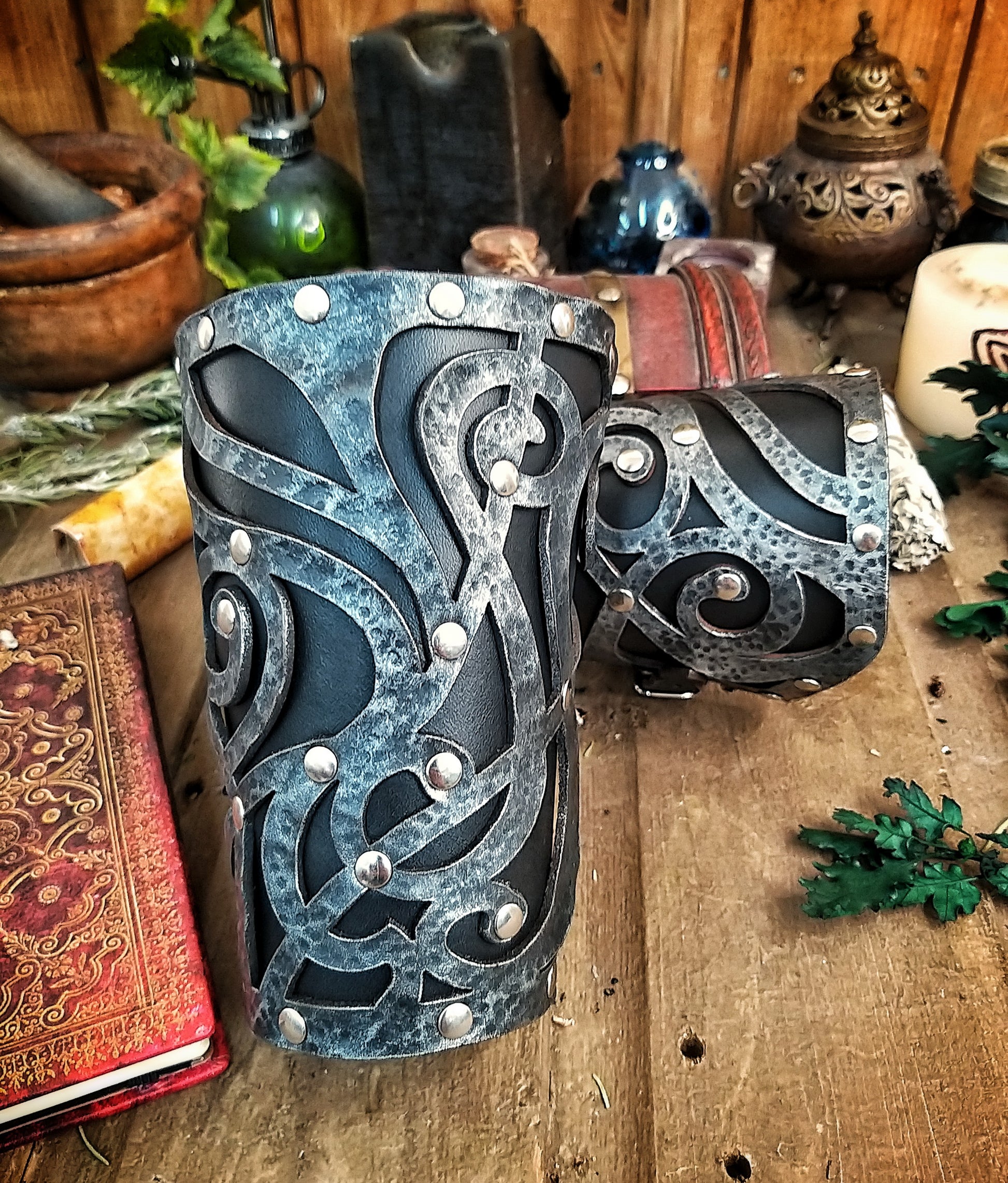 Dark Wizard bracers for larp costume and wizardry cosplay leather witchcraft handmade witcher armour, pair of bracers