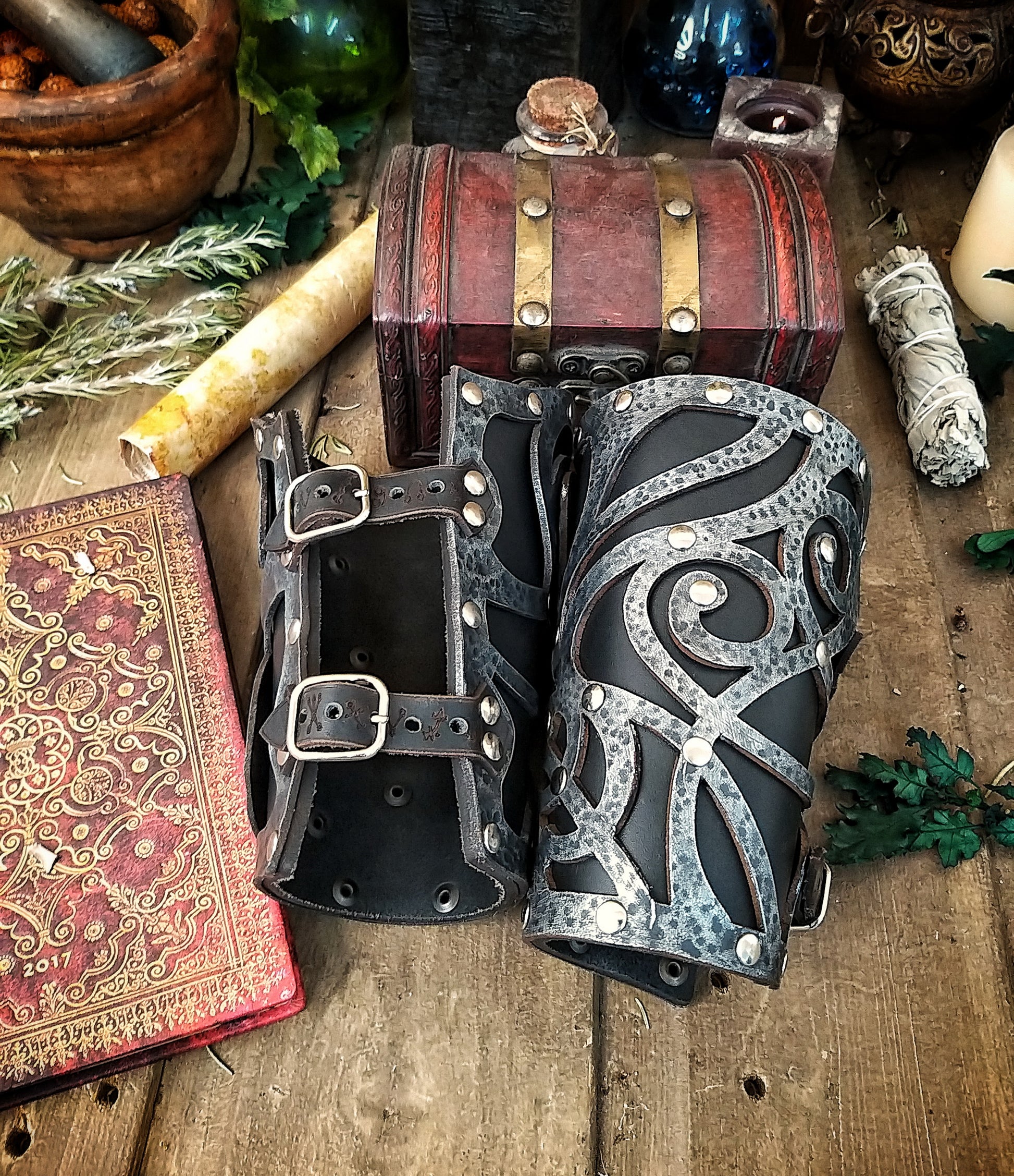 Dark Wizard bracers for larp costume and wizardry cosplay leather witchcraft handmade witcher armour, pair of bracers