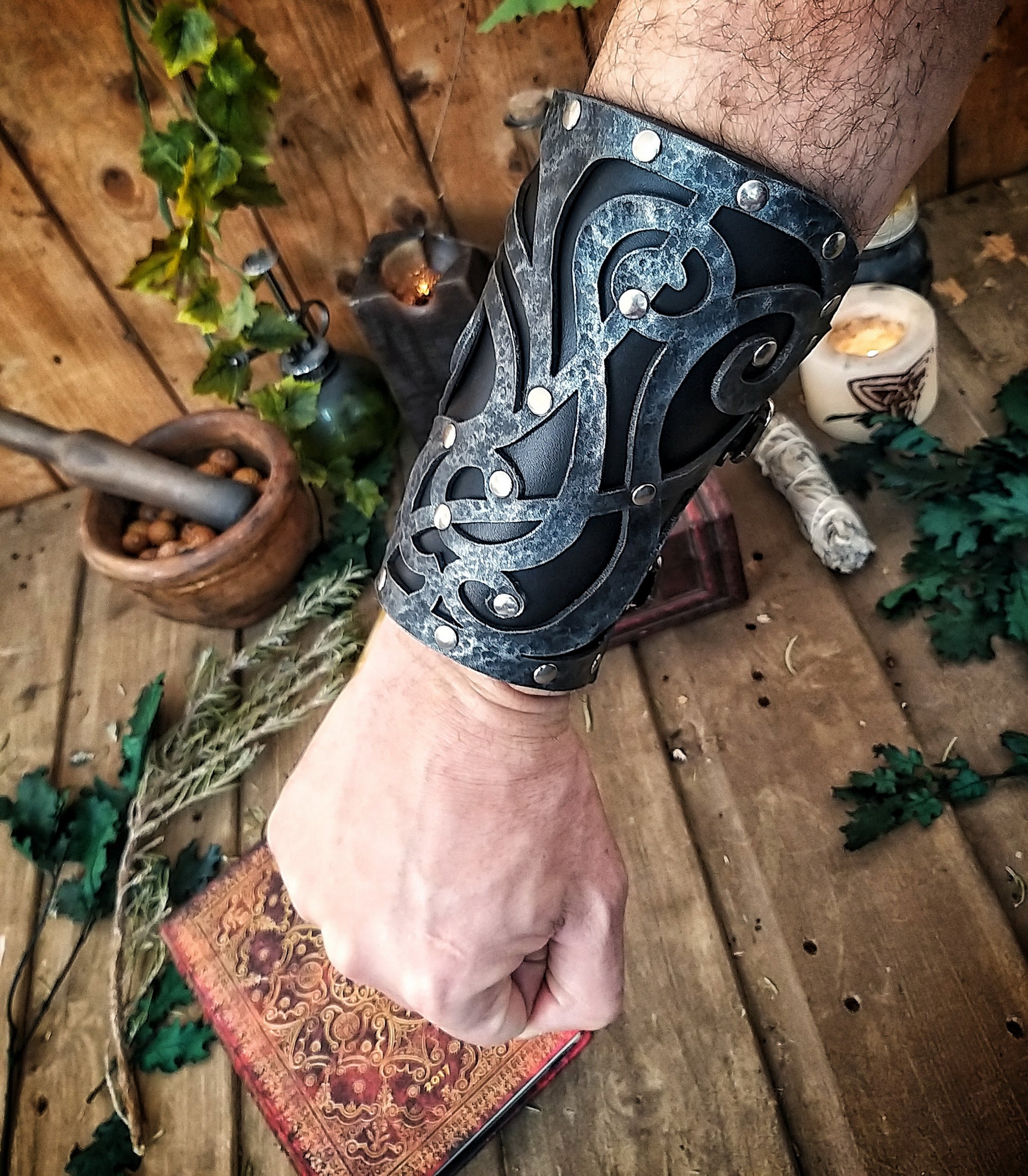 Dark Wizard bracers for larp costume and wizardry cosplay leather witchcraft handmade witcher armour, pair of bracers