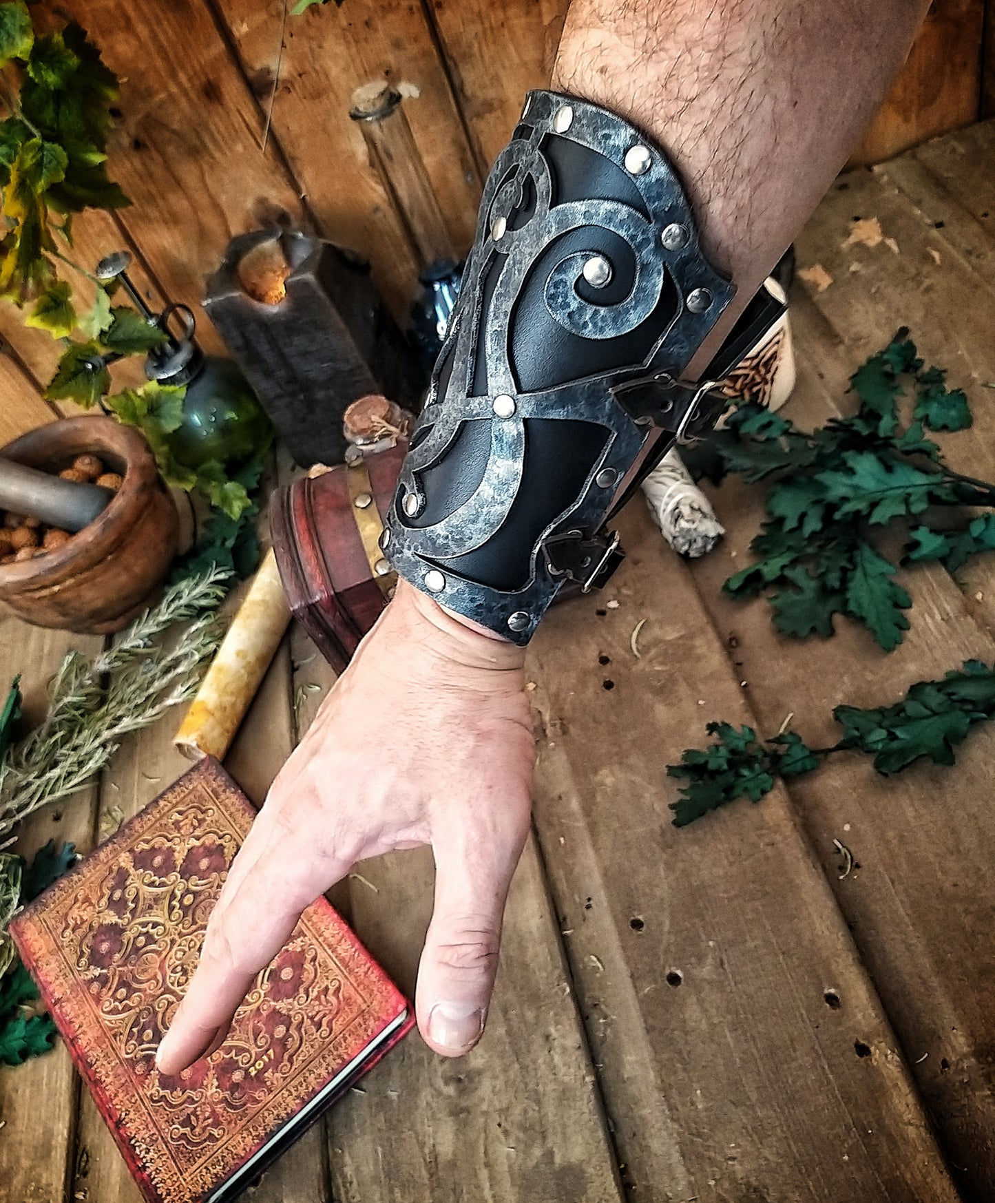 Dark Wizard bracers for larp costume and wizardry cosplay leather witchcraft handmade witcher armour, pair of bracers