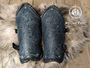 Viking Leather Bracers with Norse Knot Engraving for LARP Cosplay Medieval Fantasy Roleplay Handmade Armor Custom Gear for Men or Women