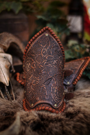 Viking Leather Bracers with Norse Knot Engraving for LARP Cosplay Medieval Fantasy Roleplay Handmade Armor Custom Gear for Men or Women