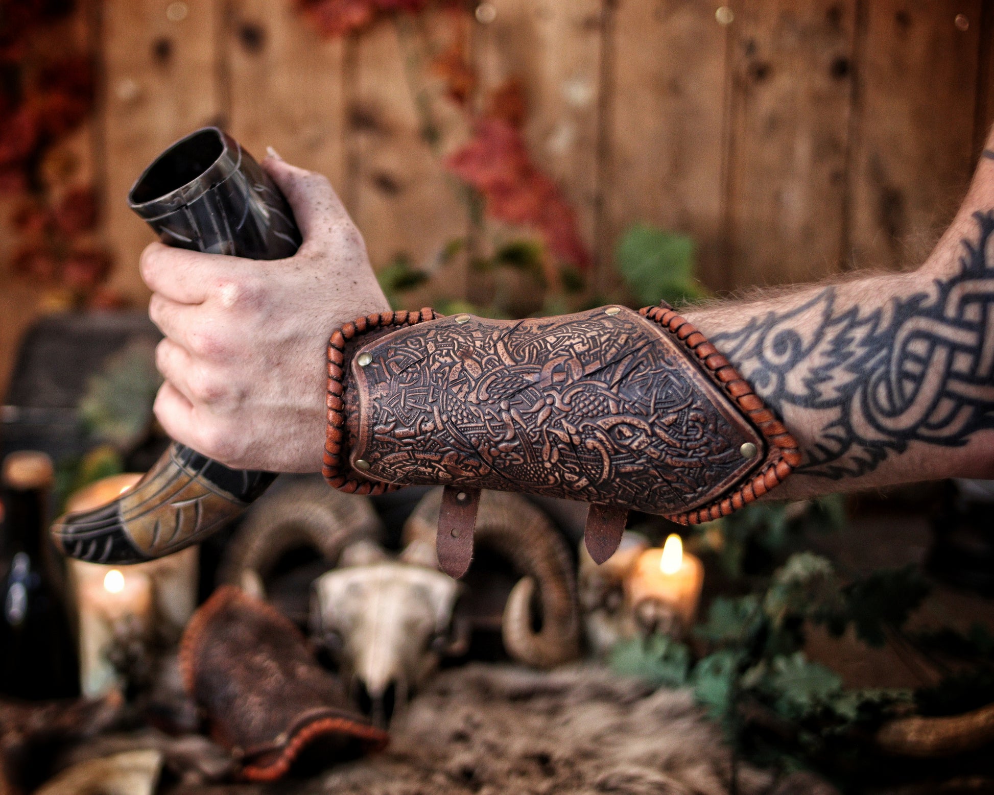 Viking Leather Bracers with Norse Knot Engraving for LARP Cosplay Medieval Fantasy Roleplay Handmade Armor Custom Gear for Men or Women