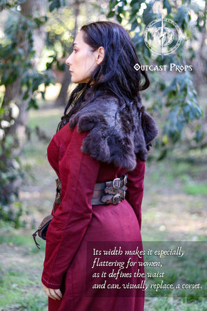 Adventurer Leather Belt for LARP, Pirate Belt, Alchemist Belt, Medieval Belt, Fantasy, Steampunk, Wide Leather Belt, Adjustable Belt. Person wearing a red coat with fur trim in a forest setting, branded 'Outcast Props'.