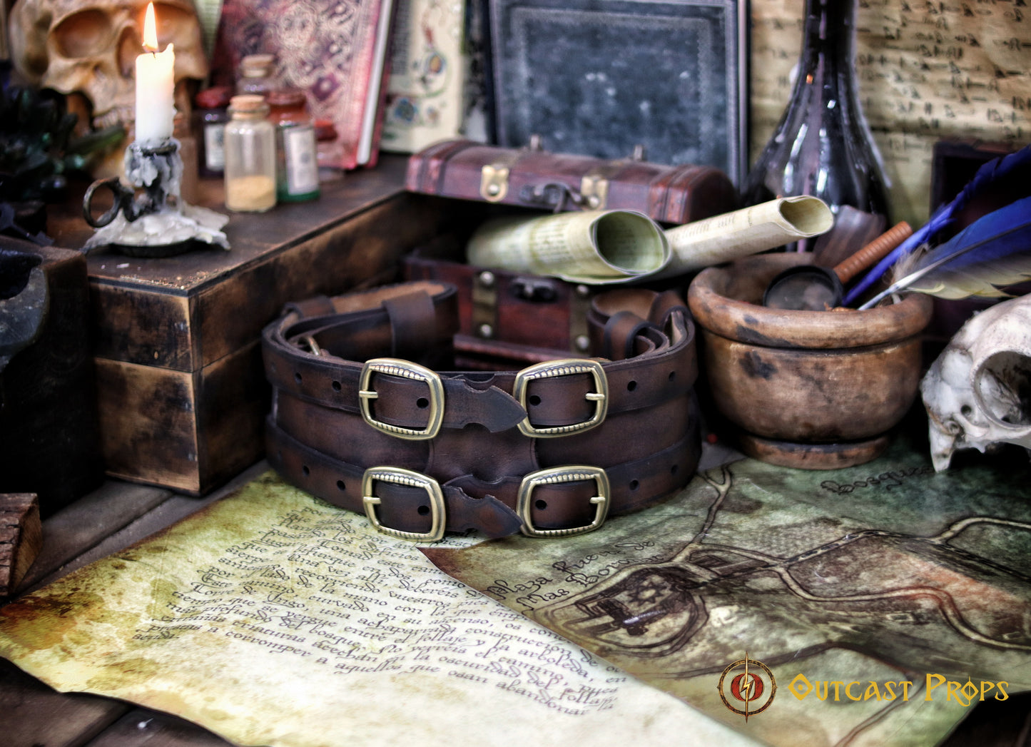 Rear view of a Rustic adventurer leather belt displayed atop a fantasy map with scrolls and potion bottles. This steampunk wide leather belt is handmade from full-grain leather, aged for a battle-worn finish. Perfect for cosplay, pirate reenactments, and Renaissance fairs, it offers adjustable comfort and accessory loops. A versatile and durable LARP belt for medieval and fantasy role-playing characters.