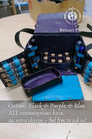 Blue and black prop case with customizable text on a table. Alchemist leather larp Bag Potion Set for steampunk, alchemist costume, mage, witch, chef, healer or assassin cosplay. Natural Leather Bag