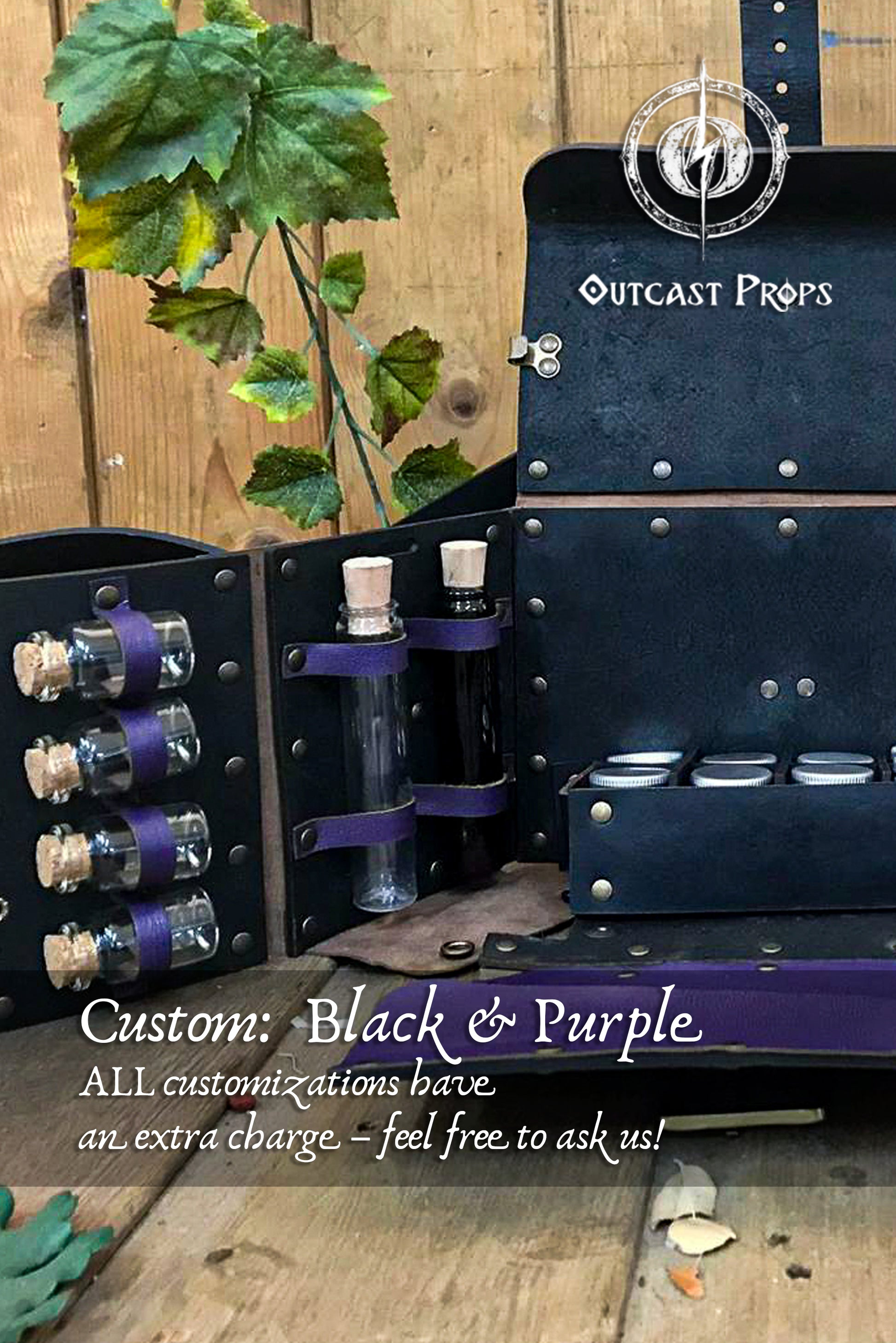 Black and purple prop box with bottles and leaves on a wooden background, featuring 'Outcast Props'. Alchemist leather larp Bag Potion Set for steampunk, alchemist costume, mage, witch, chef, healer or assassin cosplay. Natural Leather Bag