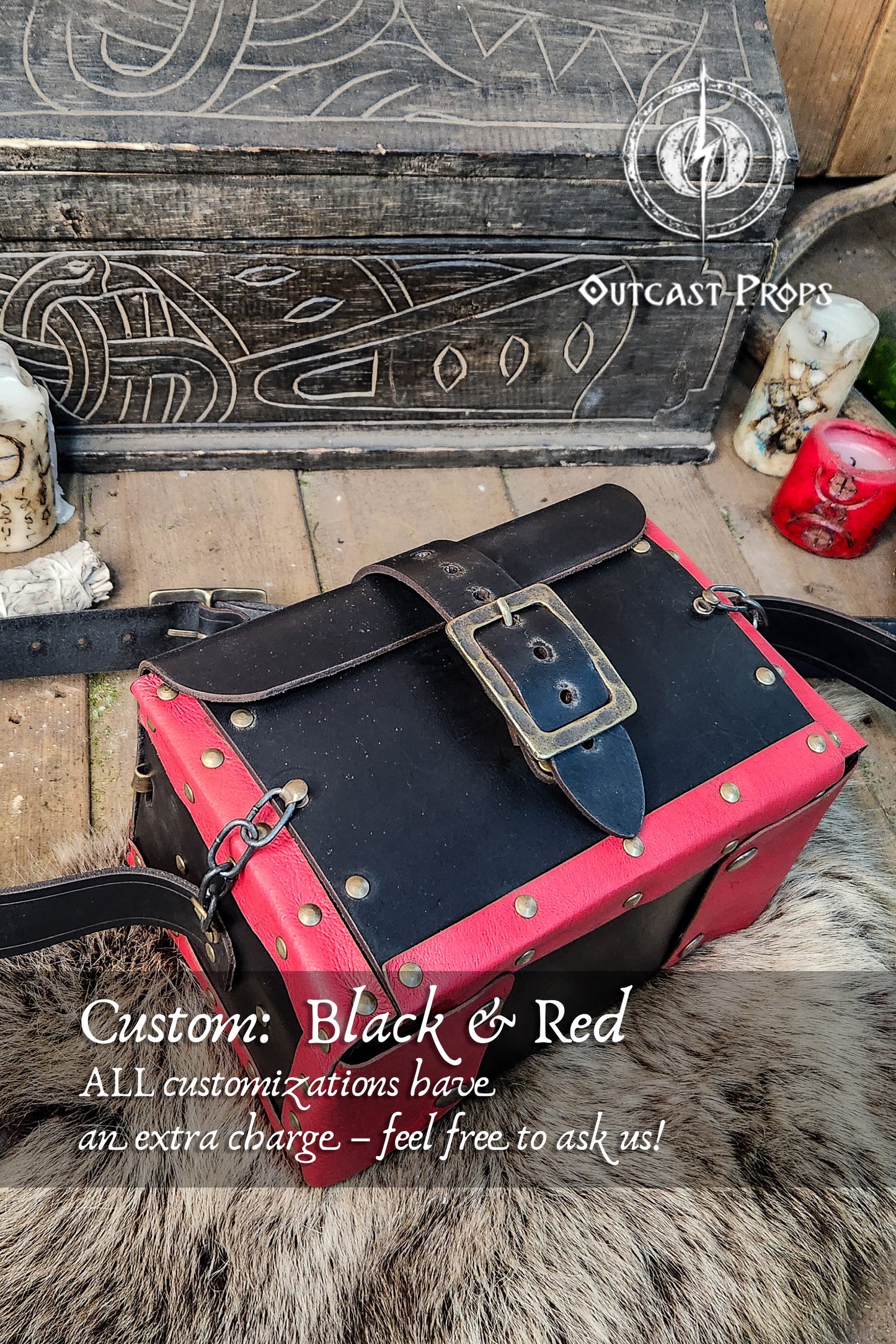 Black and red bag with a wooden chest and decorative elements in the background. Alchemist leather larp Bag Potion Set for steampunk, alchemist costume, mage, witch, chef, healer or assassin cosplay. Natural Leather Bag