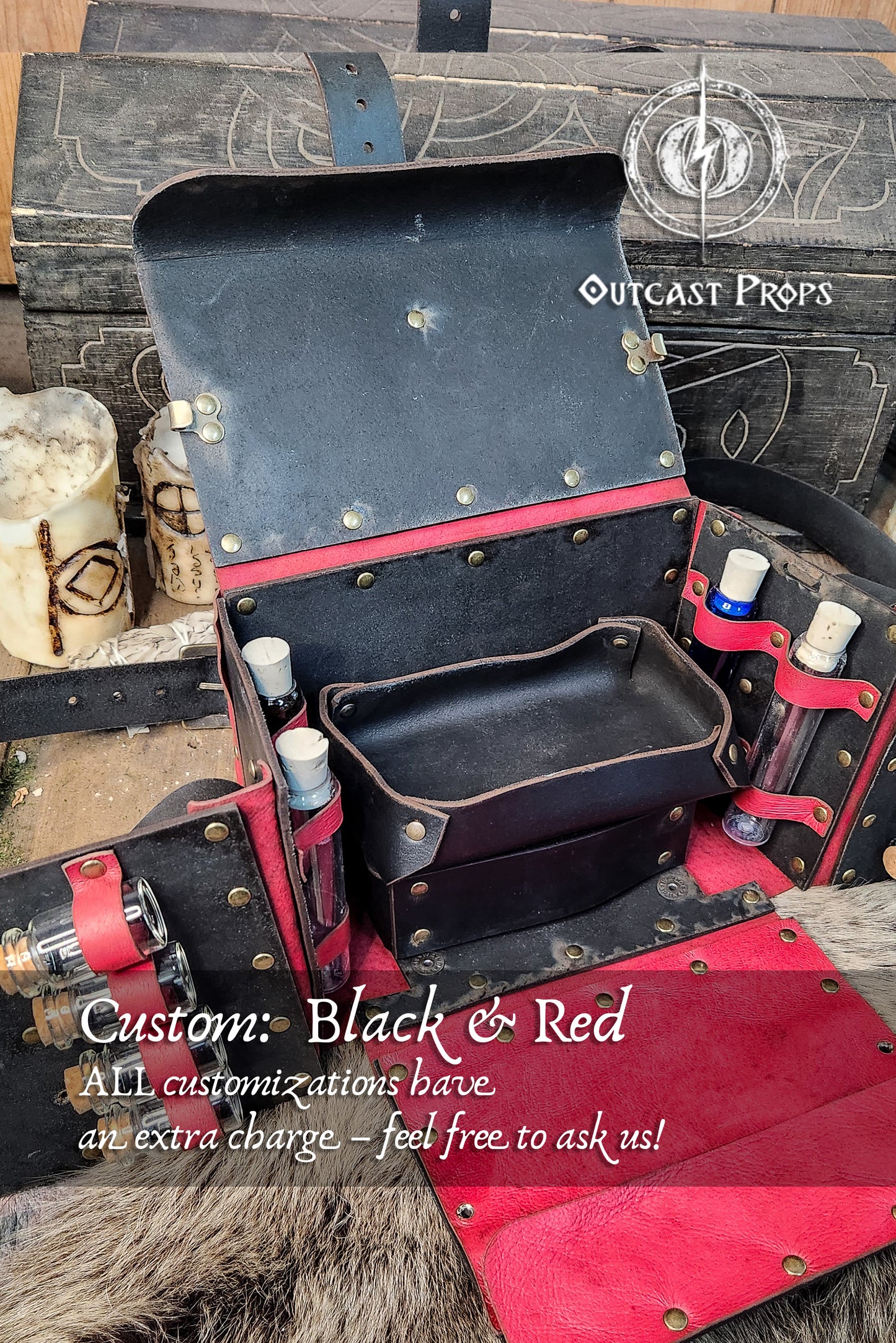 Black and red leather bag with studded details on a wooden surface, featuring 'Outcast Props' branding. Alchemist leather larp Bag Potion Set for steampunk, alchemist costume, mage, witch, chef, healer or assassin cosplay. Natural Leather Bag