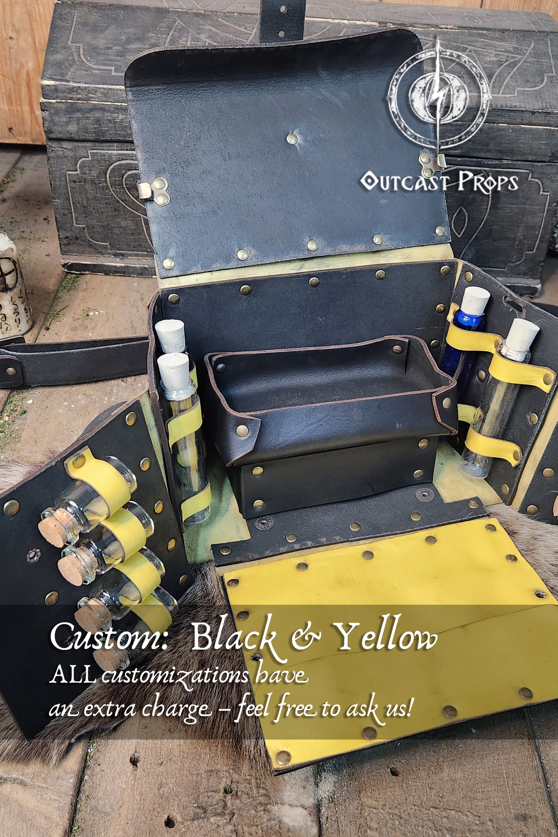 Open leather case with black and yellow accents, featuring 'Outcast Props' branding. Alchemist leather larp Bag Potion Set for steampunk, alchemist costume, mage, witch, chef, healer or assassin cosplay. Natural Leather Bag
