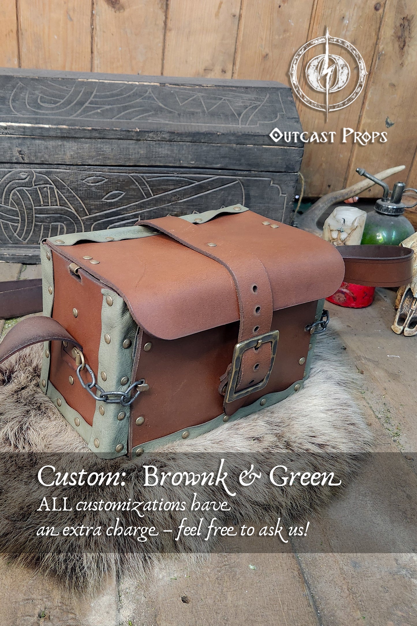 Brown leather bag with green accents on a wooden floor, featuring Outcast Props branding. Alchemist leather larp Bag Potion Set for steampunk, alchemist costume, mage, witch, chef, healer or assassin cosplay. Natural Leather Bag