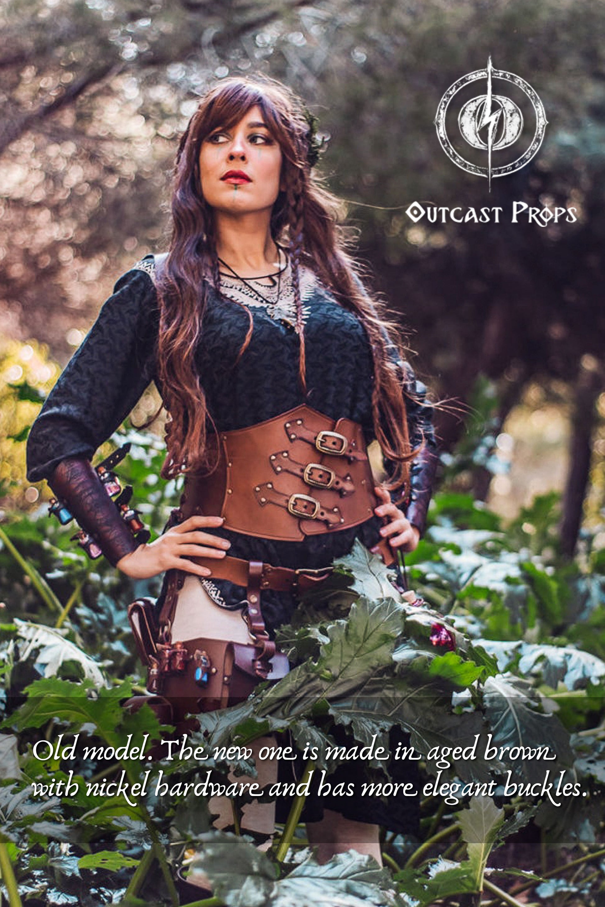 Female LARP witch wearing the old version of the leather underbust corset by Outcast Props. The updated design is made in aged brown leather with nickel hardware and more elegant buckles. Perfect for ren faire outfits, fantasy costumes, and steampunk waist cincher looks. Handcrafted from vegetable-tanned leather, this corset embodies artisanal craftsmanship for witches and alchemists.