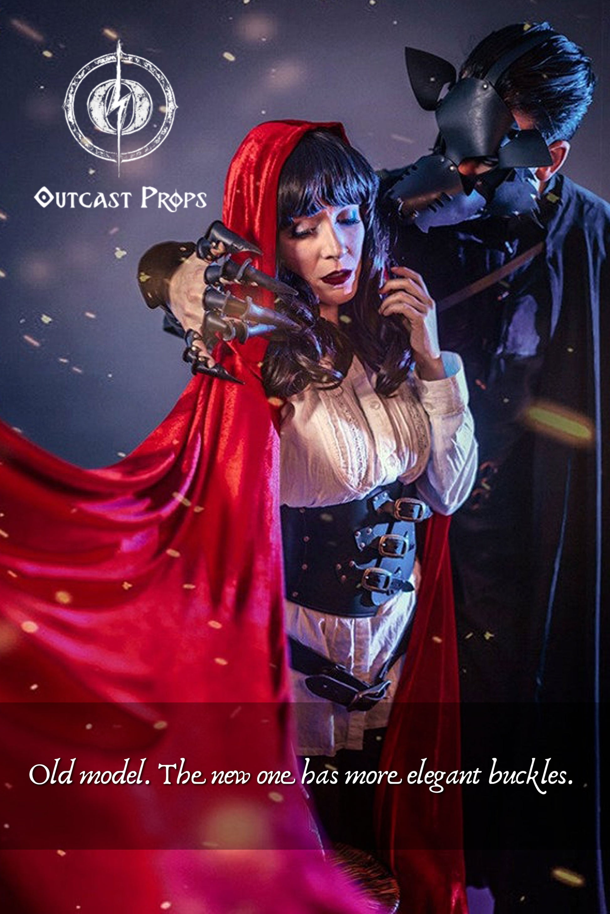 Little Red Riding Hood and the Wolf. Sexy pic. Fantasy couple in dramatic lighting showing the previous black model of the witch leather corset. The new version features nickel hardware and refined buckles. Ideal for gothic, LARP, and steampunk events. The waist cincher enhances the silhouette with historical elegance and fantasy charm, handcrafted from premium vegetable-tanned leather for ren faire and witch costume ensembles.