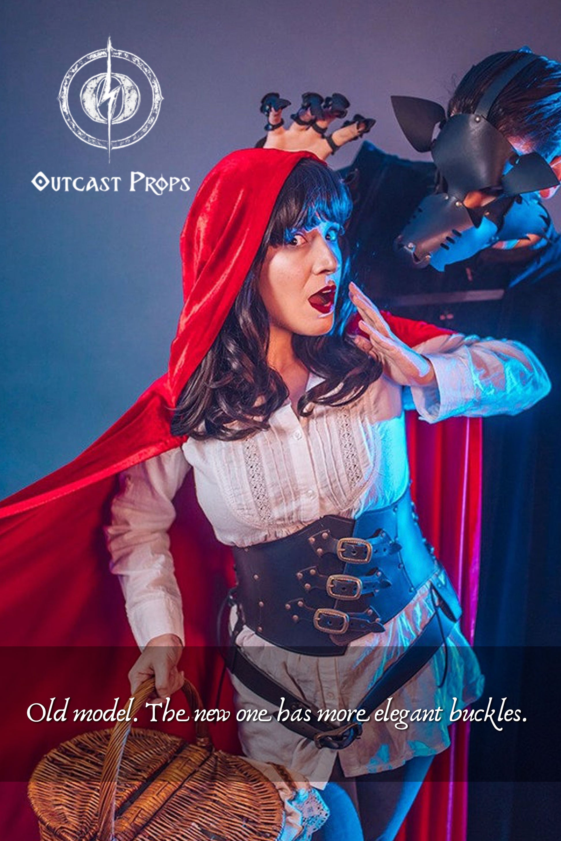 Close-up of an actress in Red Riding Hood cosplay wearing the earlier black leather corset model by Outcast Props. The latest version introduces nickel fittings and smoother buckle design for a more elegant steampunk waist cincher. Crafted for witches, alchemists, and fantasy heroines, it enhances any ren faire costume or gothic outfit with artisan quality and cinematic style.