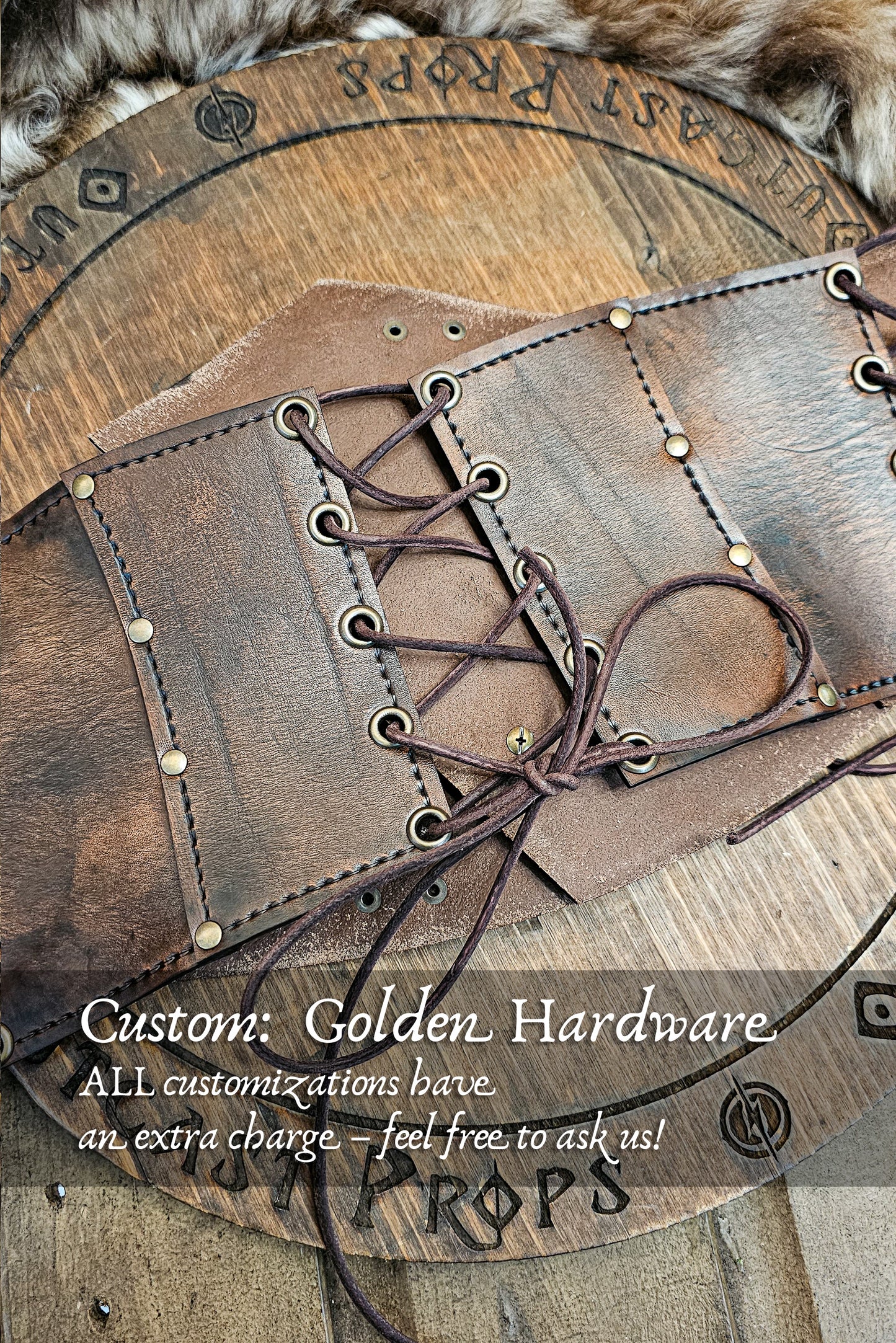 Back view of aged brown leather corset featuring custom golden brass rivets and eyelets, hand-laced with leather cords for adjustable fit. Designed for witches, alchemists, and steampunk adventurers, this custom LARP corset option adds warmth and elegance to renaissance fair clothing or fantasy outfits. Each piece is handmade from full-grain vegetable-tanned leather using eco-friendly dyes and aging techniques.