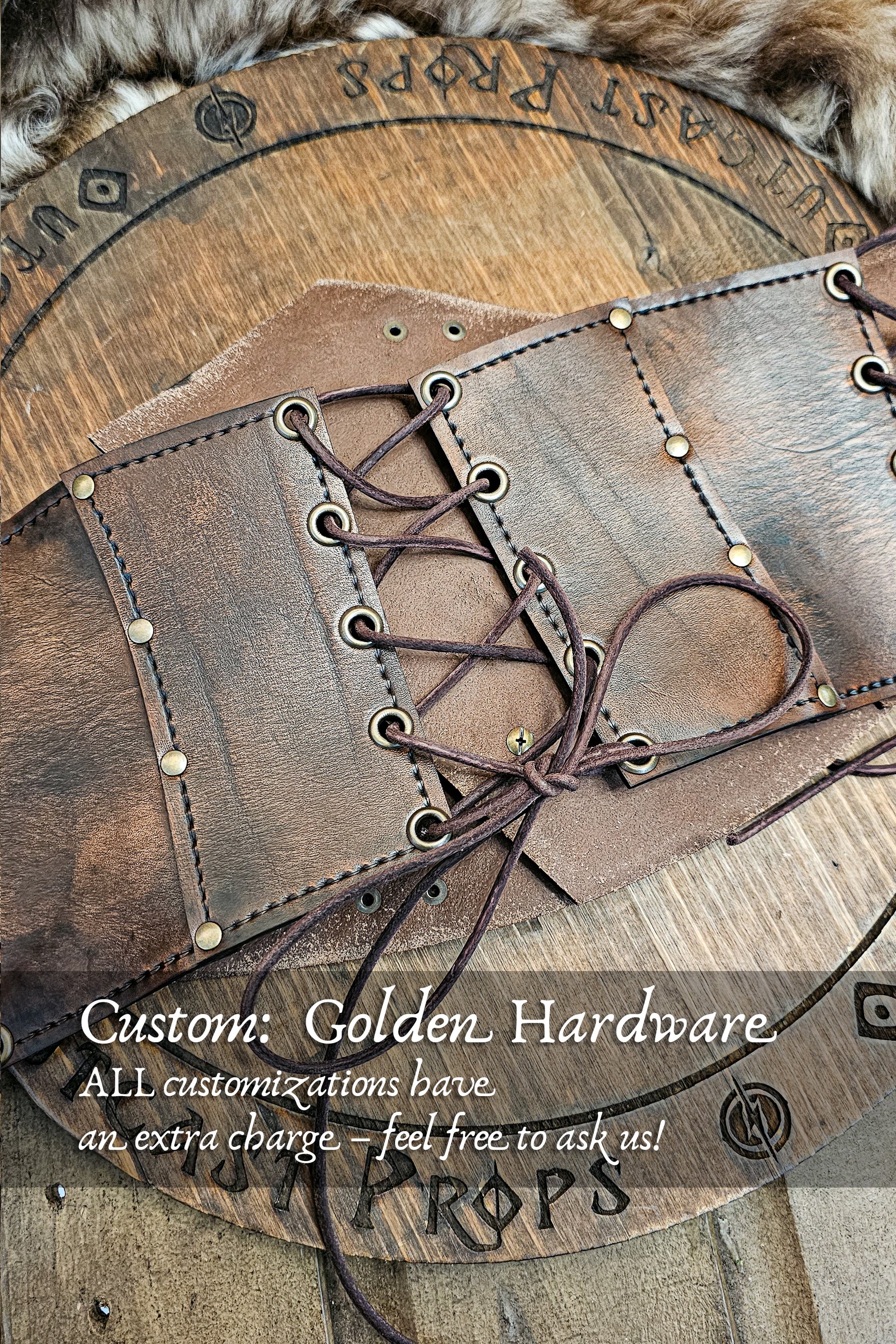 Back view of aged brown leather corset featuring custom golden brass rivets and eyelets, hand-laced with leather cords for adjustable fit. Designed for witches, alchemists, and steampunk adventurers, this custom LARP corset option adds warmth and elegance to renaissance fair clothing or fantasy outfits. Each piece is handmade from full-grain vegetable-tanned leather using eco-friendly dyes and aging techniques.