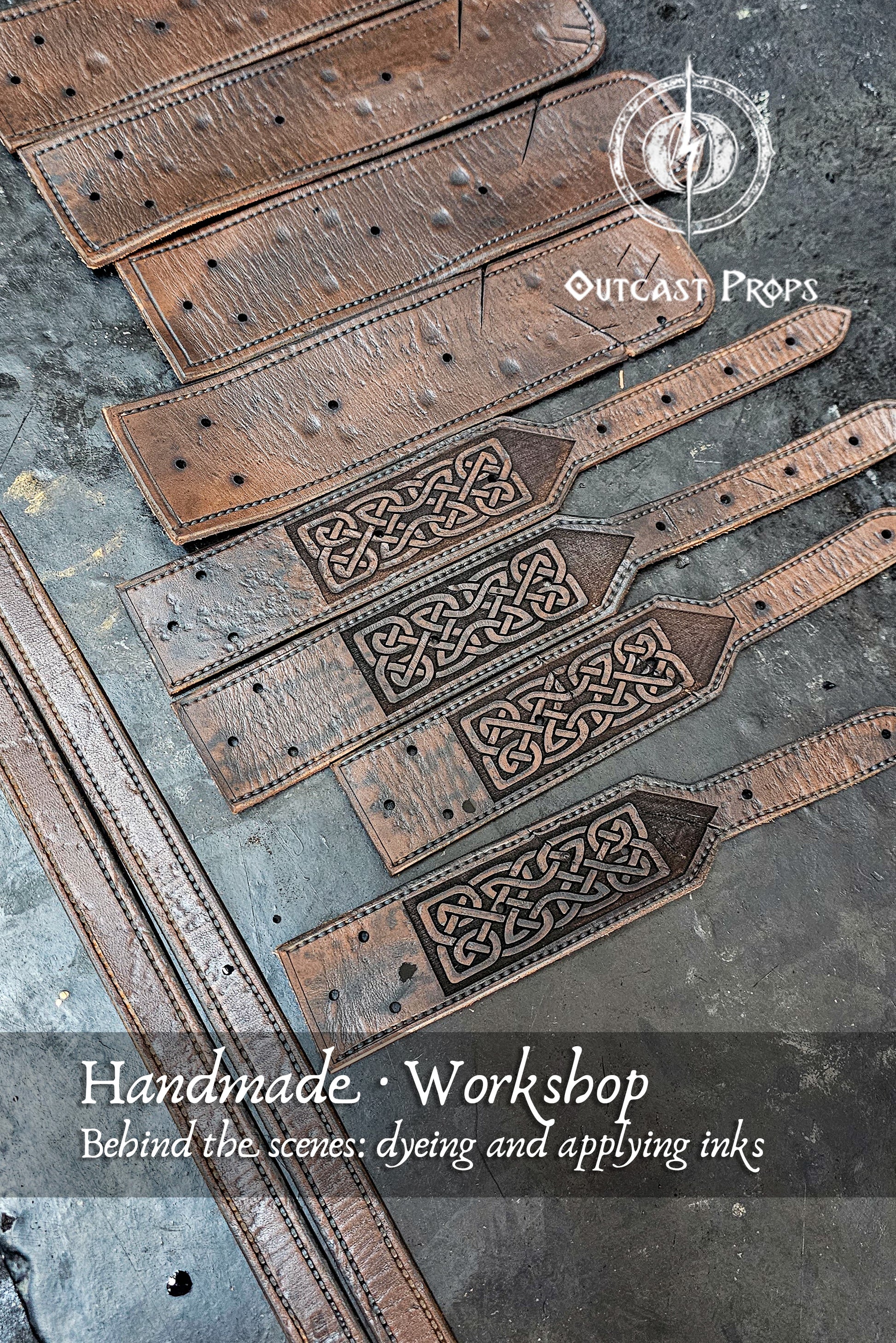 Barbarian Viking Leather Shoulder armor set. Set of leather straps with intricate designs on a textured surface, featuring Outcast Props branding.