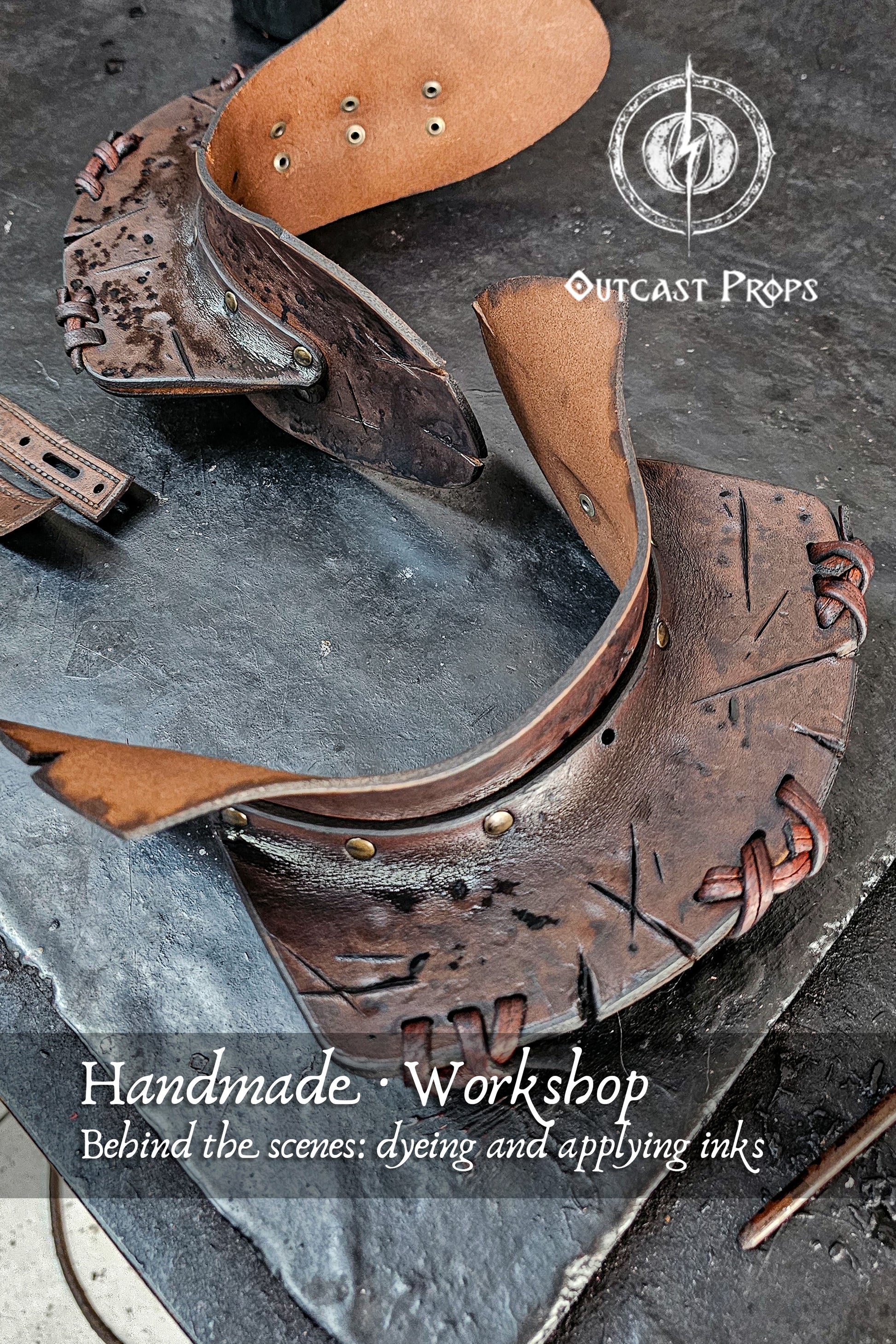 Barbarian Viking Leather Shoulder armor set. Brown leather pasuldron with intricate designs on a gray surface, featuring Outcast Props logo.