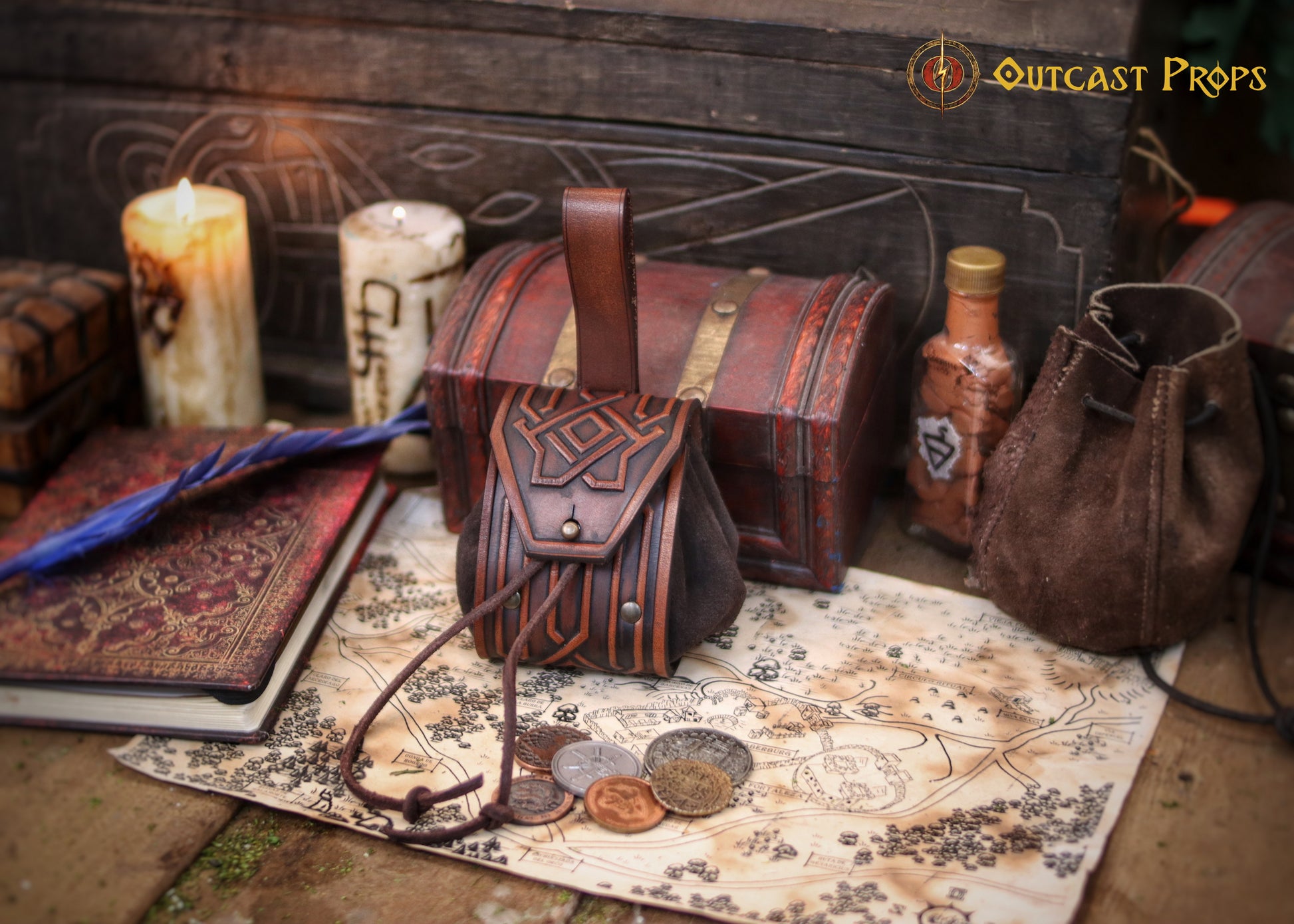 Leather coin pouch with Celtic or Viking embossing, leather jewel belt bag for larp, steampunk, cosplay or fantasy costume.