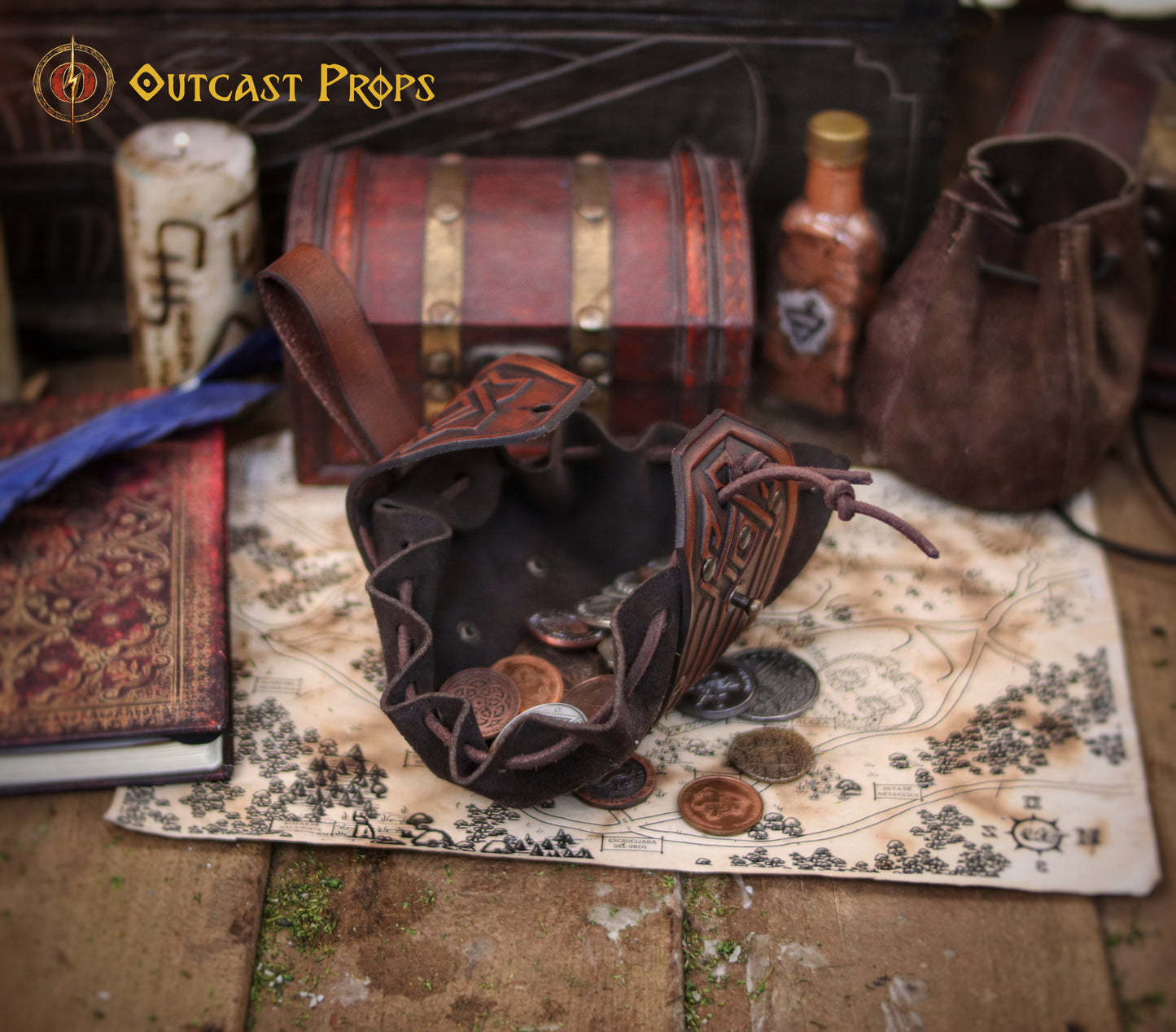 Leather coin pouch with Celtic or Viking embossing, leather jewel belt bag for larp, steampunk, cosplay or fantasy costume.