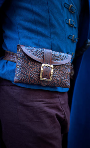 Arcane Hipbag Medieval Leather Hip Bag Embossed and weathered in a premium style for Fantasy ren-fairs, cosplay, larp, fairies, renaissance