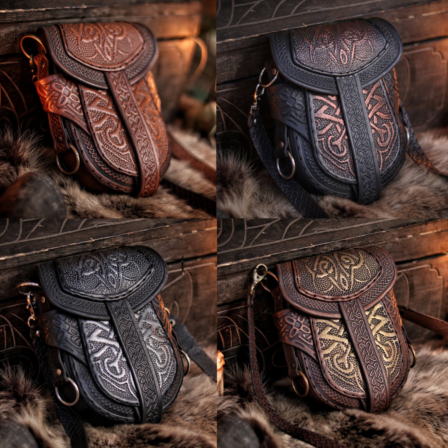 Four variations of the same Celtic leather bag shown in brown, black, silver, and antique gold finishes. Each bag features embossed knotwork and hand-painted detail, suited for a range of fantasy and medieval characters. Ideal for cosplay, LARP, or renaissance fairs. The customizable look offers versatility for different personas. High-quality leather craftsmanship and modular wear options.
