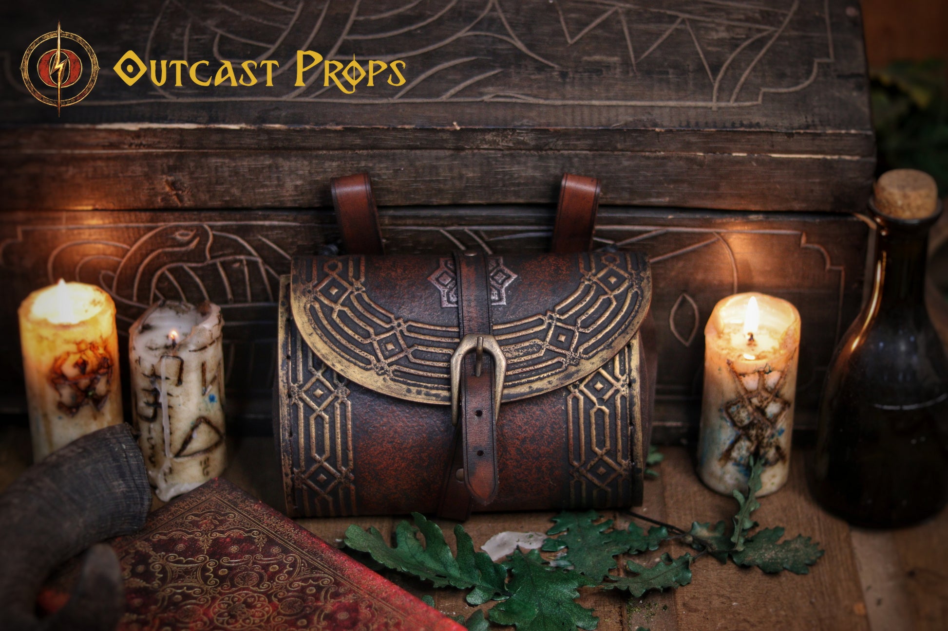 Kazgar Dwarven Hip Bag Medieval Leather Pouch Embossed and weathered in a vintage style, for dwarf or viking cosplay and fantasy costume.