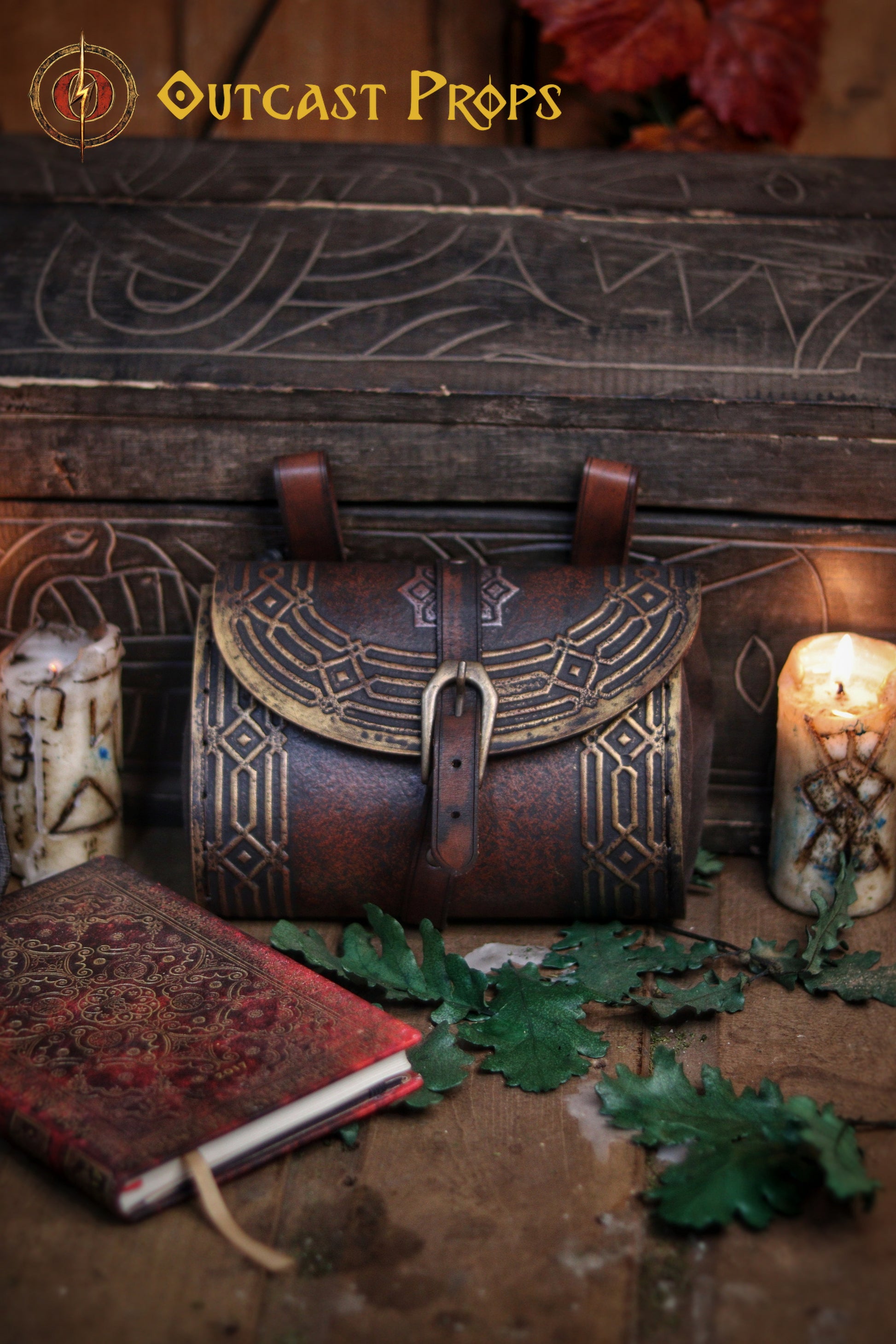Kazgar Dwarven Hip Bag Medieval Leather Pouch Embossed and weathered in a vintage style, for dwarf or viking cosplay and fantasy costume.