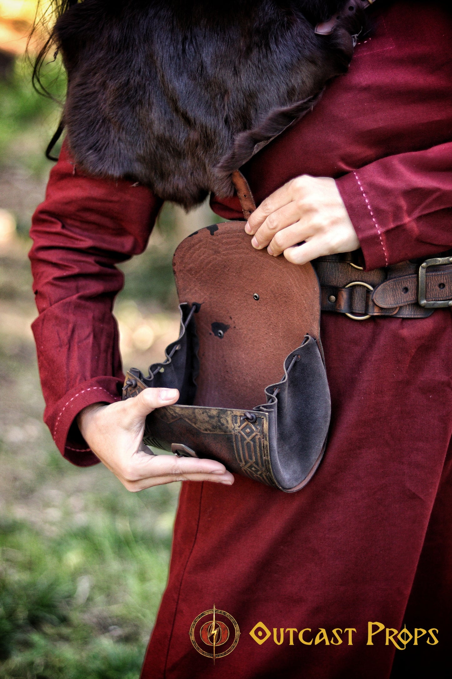 Kazgar Dwarven Hip Bag Medieval Leather Pouch Embossed and weathered in a vintage style, for dwarf or viking cosplay and fantasy costume.