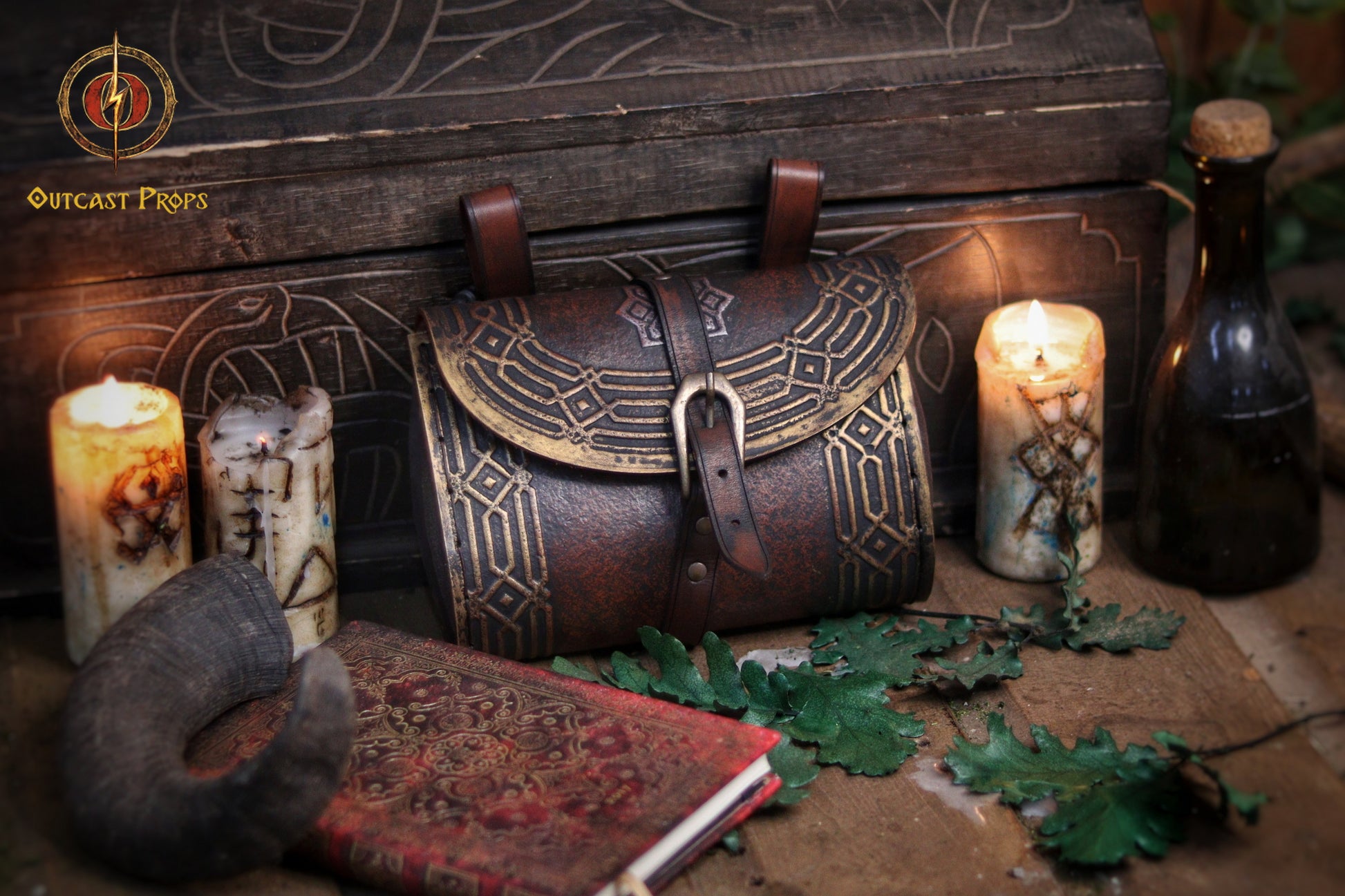 Kazgar Dwarven Hip Bag Medieval Leather Pouch Embossed and weathered in a vintage style, for dwarf or viking cosplay and fantasy costume.