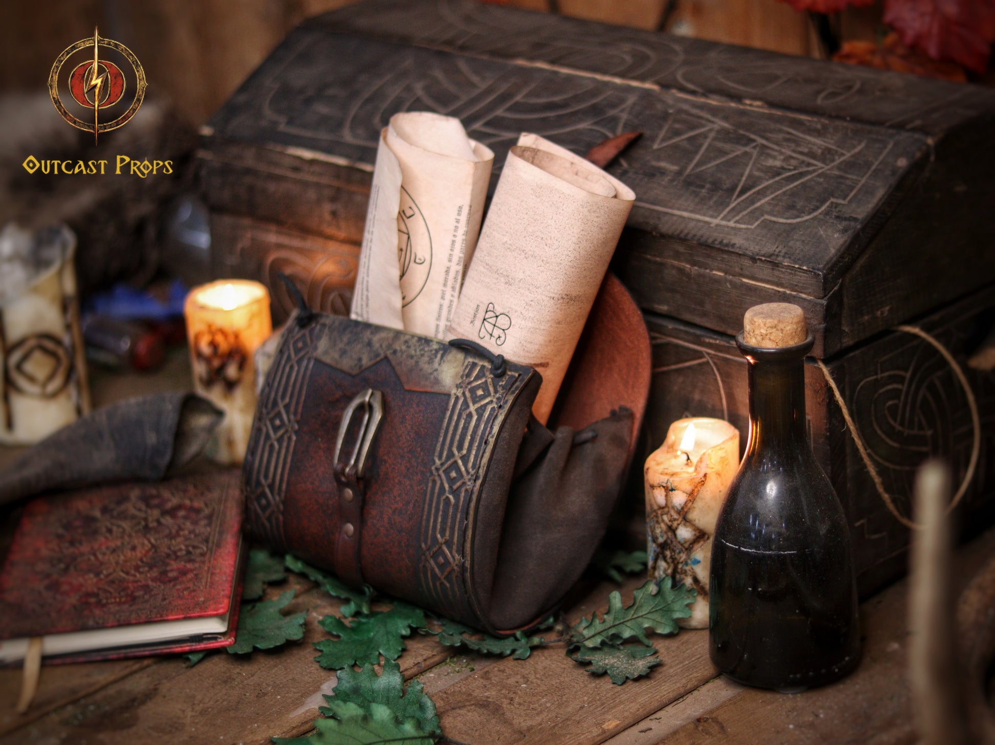 Kazgar Dwarven Hip Bag Medieval Leather Pouch Embossed and weathered in a vintage style, for dwarf or viking cosplay and fantasy costume.