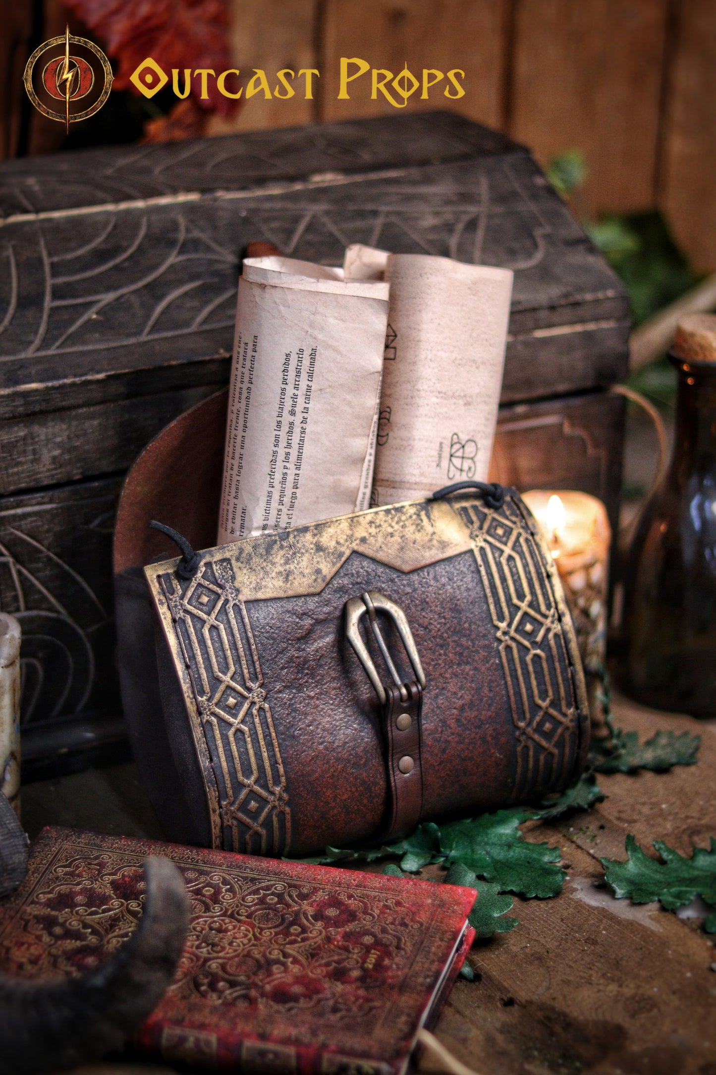 Kazgar Dwarven Hip Bag Medieval Leather Pouch Embossed and weathered in a vintage style, for dwarf or viking cosplay and fantasy costume.