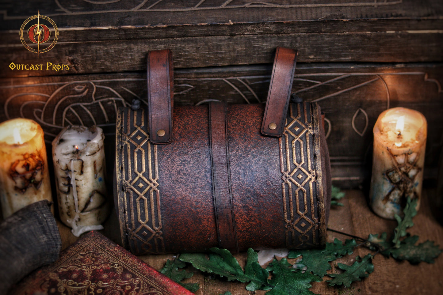 Kazgar Dwarven Hip Bag Medieval Leather Pouch Embossed and weathered in a vintage style, for dwarf or viking cosplay and fantasy costume.