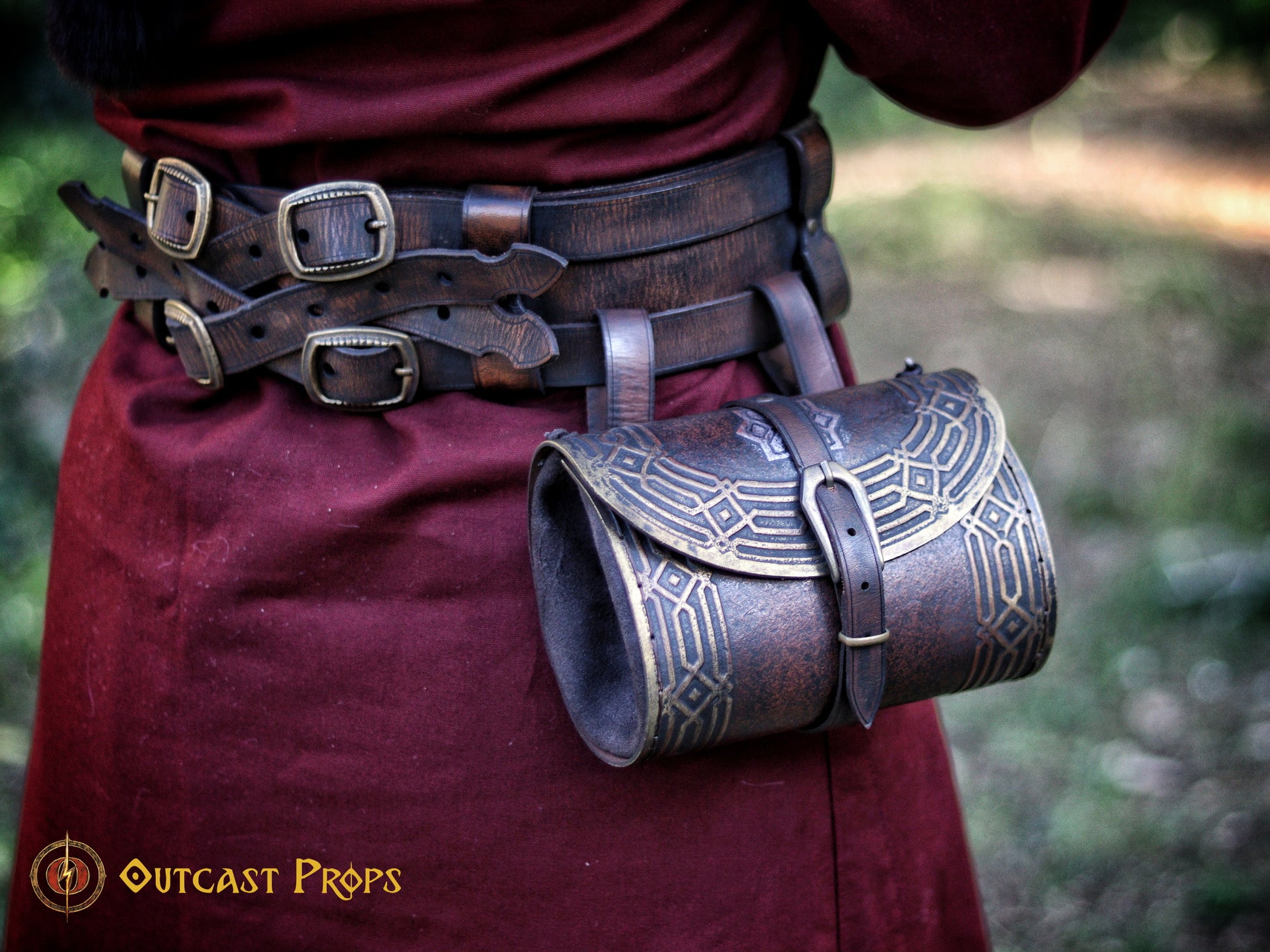 Kazgar Dwarven Hip Bag Medieval Leather Pouch Embossed and weathered in a vintage style, for dwarf or viking cosplay and fantasy costume.