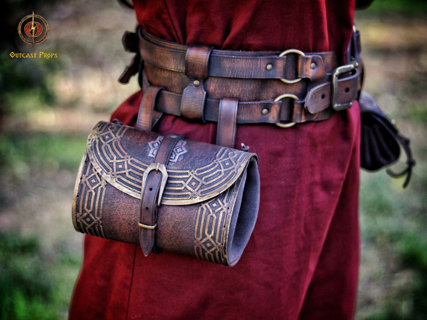 Kazgar Dwarven Hip Bag Medieval Leather Pouch Embossed and weathered in a vintage style, for dwarf or viking cosplay and fantasy costume.