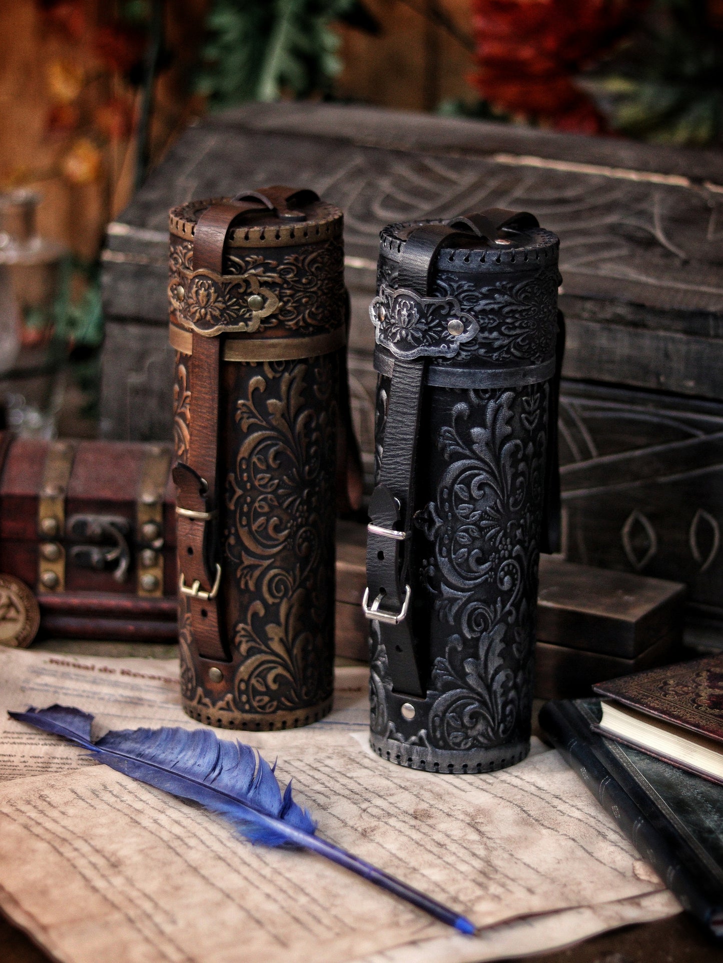 Ornated Leather Scroll Case: Exquisite document tube for cosplay and LARP, Messengers, Magicians, steampunk, reanaissance, fantasy costumes.
