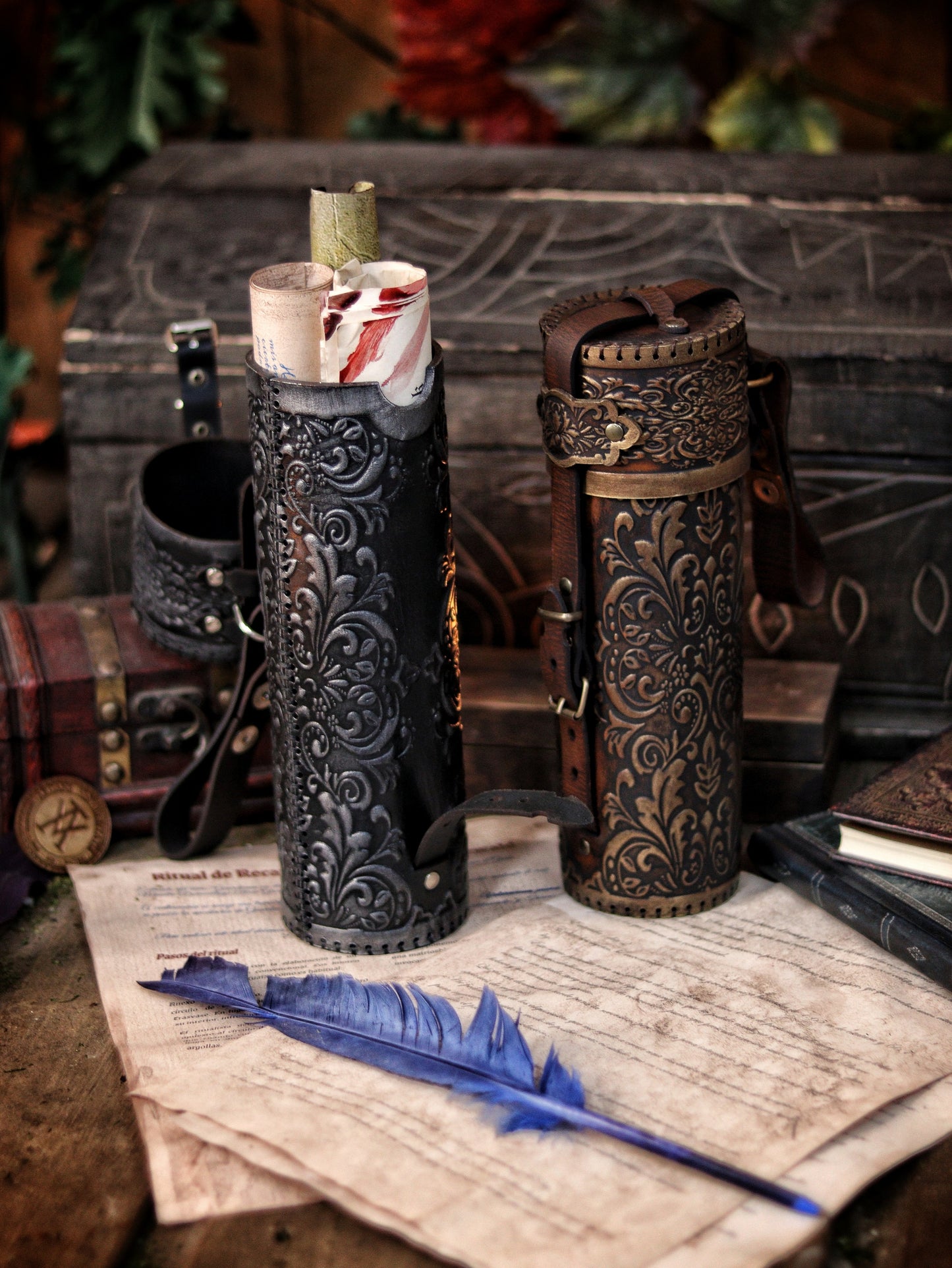 Ornated Leather Scroll Case: Exquisite document tube for cosplay and LARP, Messengers, Magicians, steampunk, reanaissance, fantasy costumes.