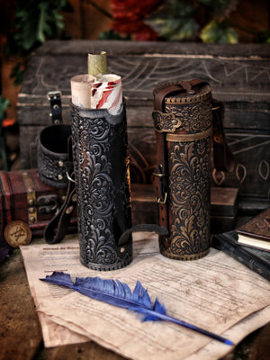 Ornated Leather Scroll Case: Exquisite document tube for cosplay and LARP, Messengers, Magicians, steampunk, reanaissance, fantasy costumes.