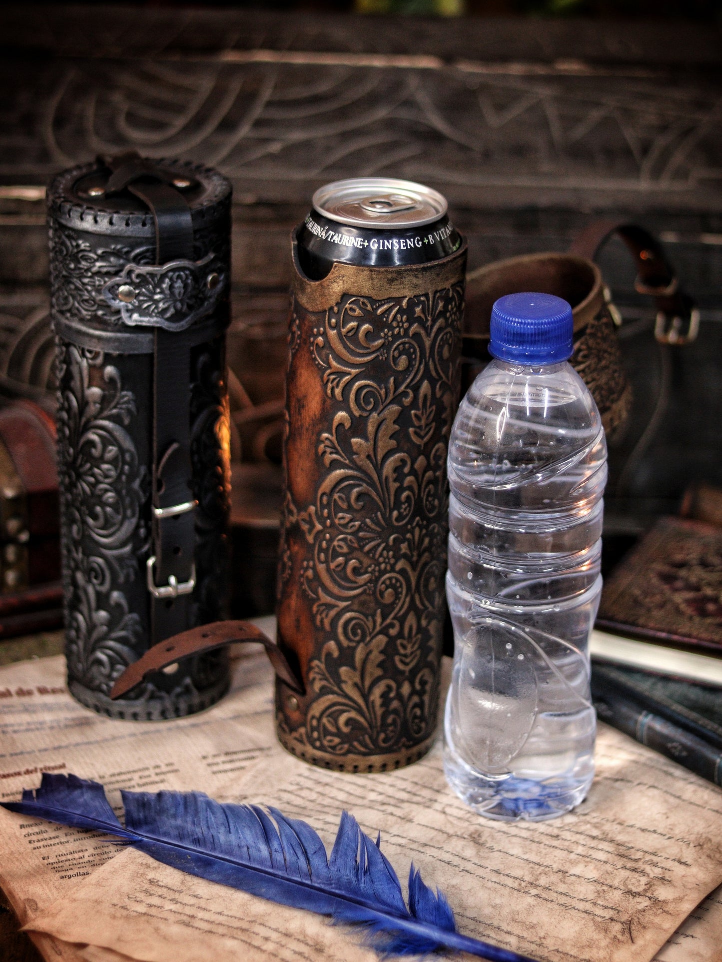 Ornated Leather Scroll Case: Exquisite document tube for cosplay and LARP, Messengers, Magicians, steampunk, reanaissance, fantasy costumes.