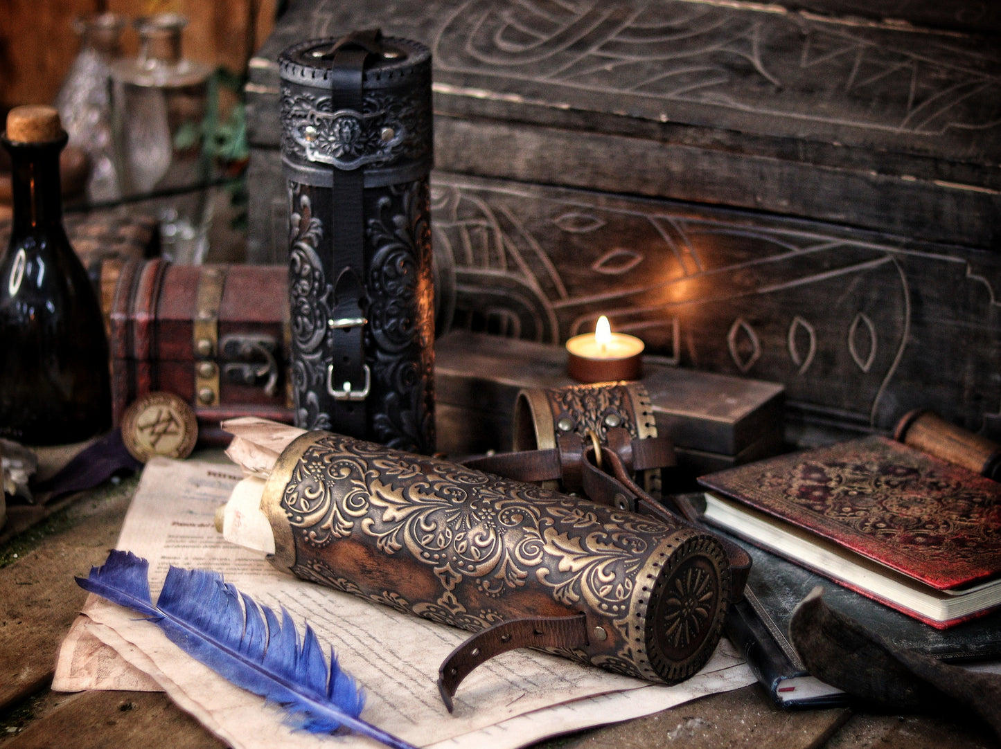Ornated Leather Scroll Case: Exquisite document tube for cosplay and LARP, Messengers, Magicians, steampunk, reanaissance, fantasy costumes.