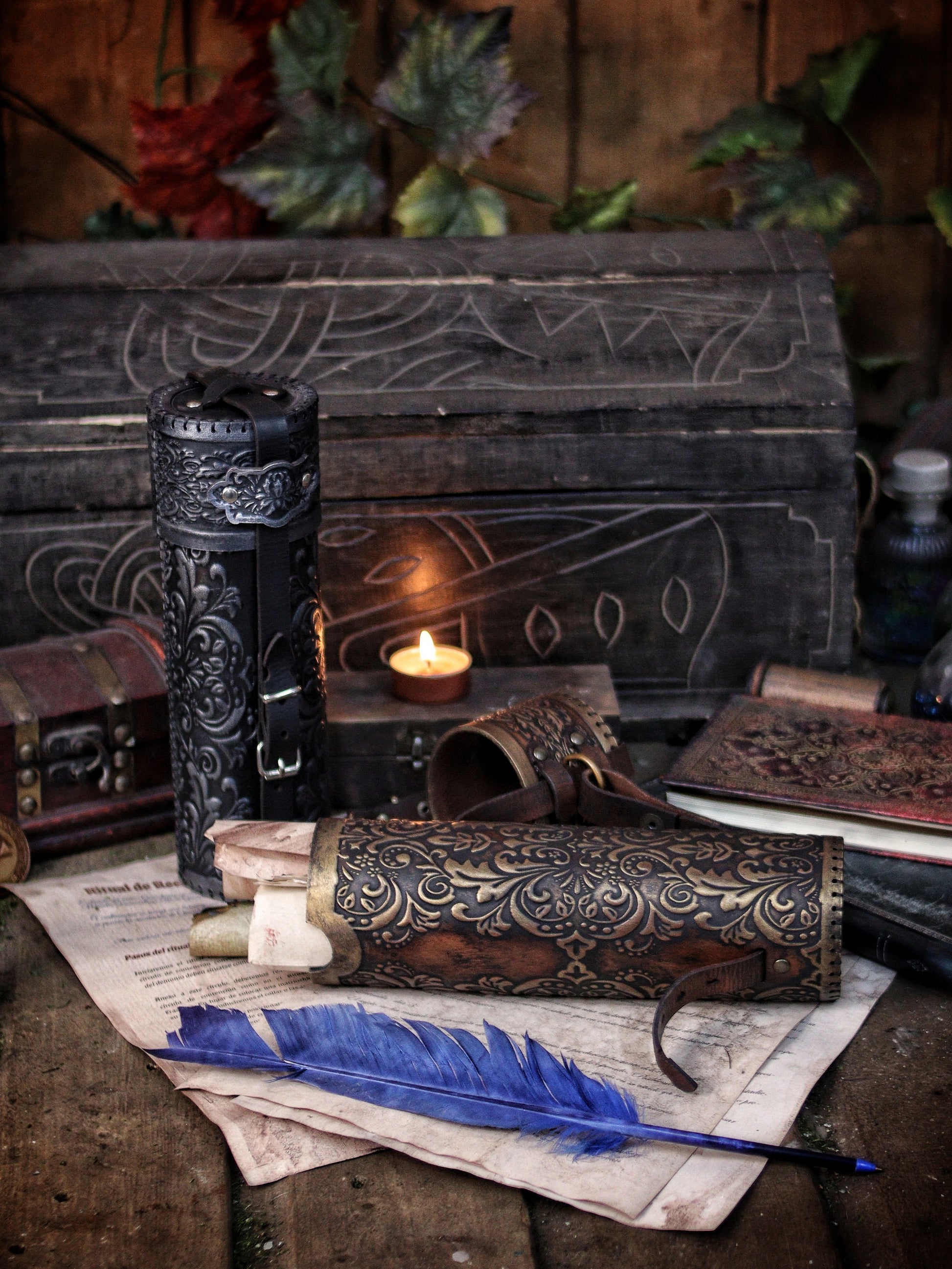 Ornated Leather Scroll Case: Exquisite document tube for cosplay and LARP, Messengers, Magicians, steampunk, reanaissance, fantasy costumes.