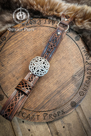 Celtic Leather Belt for LARP, Renaissance Faire and Cosplay – Wide Belt with Celtic Knot Metal Buckle – Brown or Green Celtic knot leather belt silver buckle larp belt for ren fair fantasy costume celtic belt unisex leather belt for renaissance outfit
