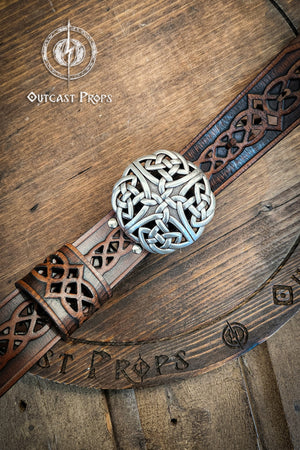 Celtic Leather Belt for LARP, Renaissance Faire and Cosplay – Wide Belt with Celtic Knot Metal Buckle – Brown or Green