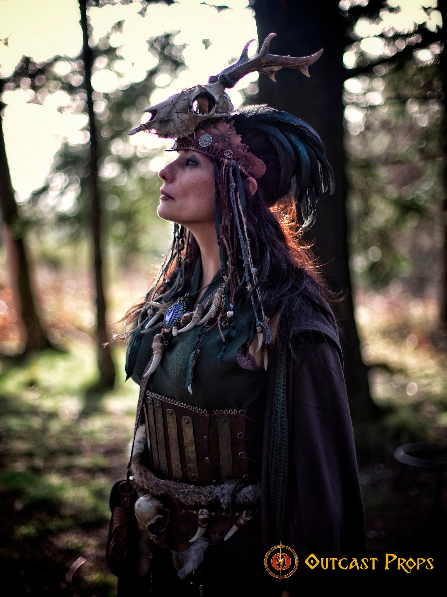 Beltane Headpiece tribal deer horns skull and feathers tiara leather and resin