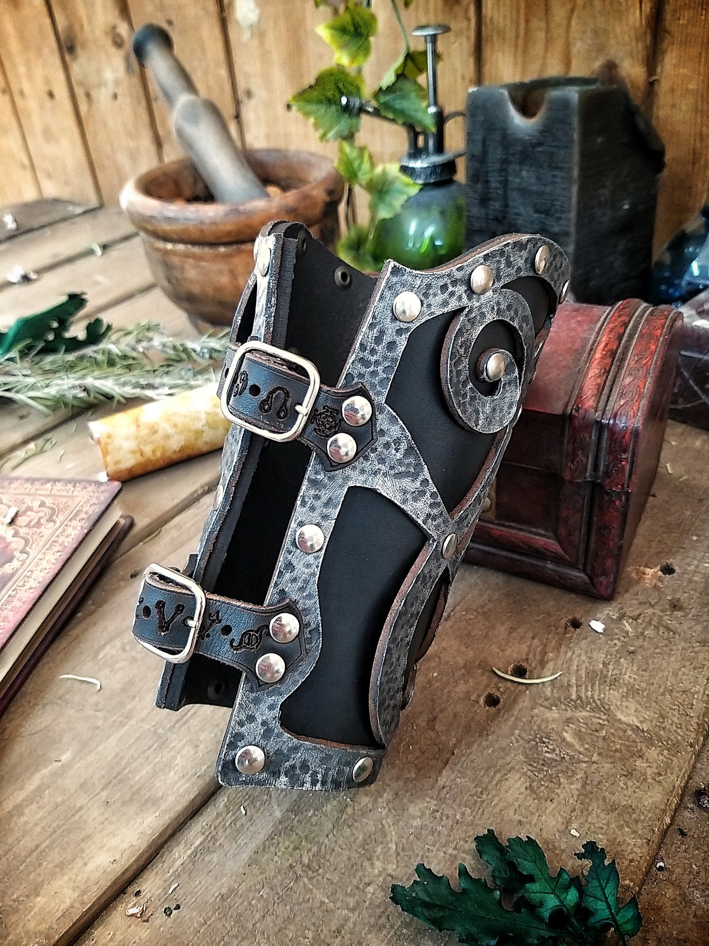 Dark Wizard bracers for larp costume and wizardry cosplay leather witchcraft handmade witcher armour, pair of bracers