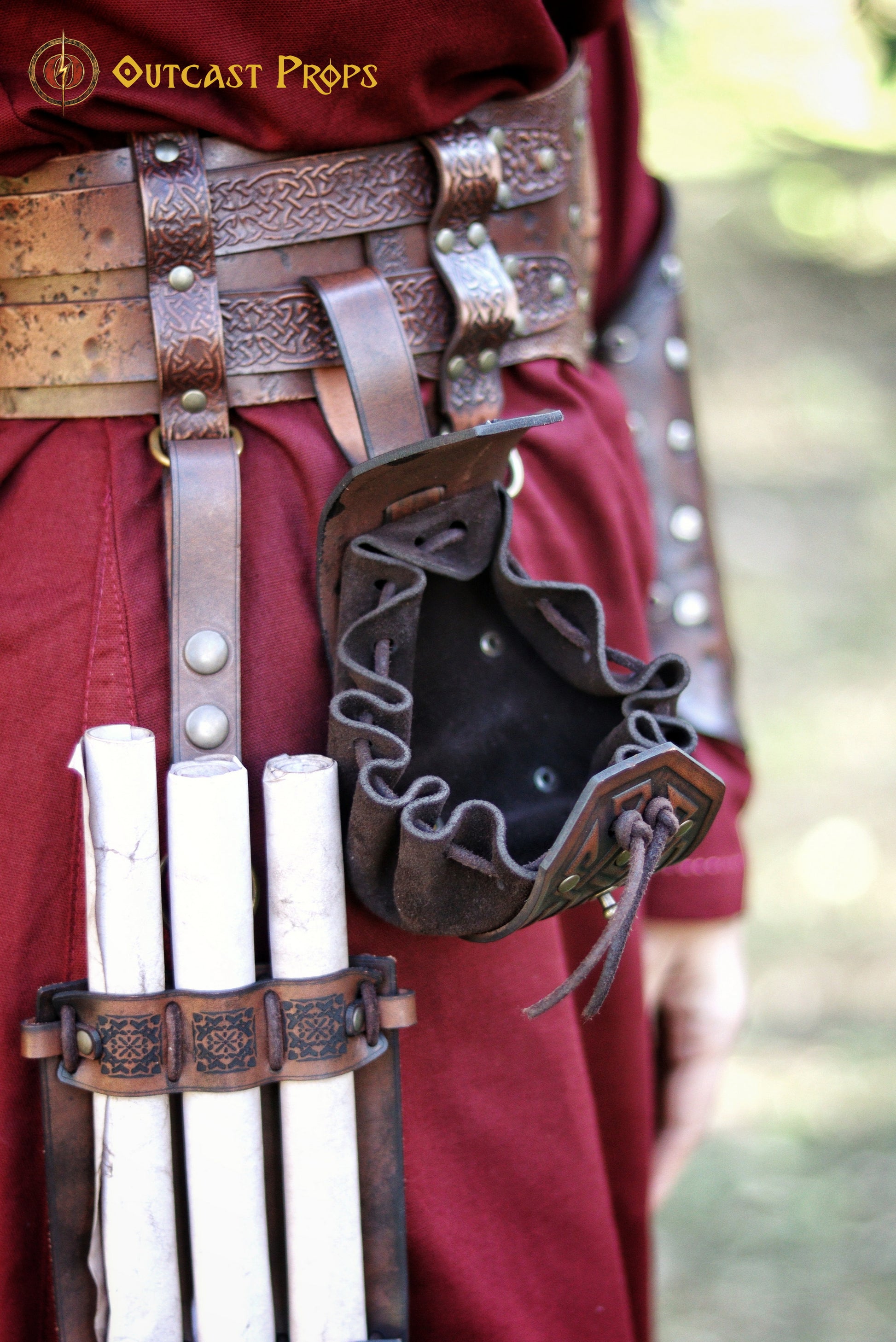 Leather coin pouch with Celtic or Viking embossing, leather jewel belt bag for larp, steampunk, cosplay or fantasy costume.