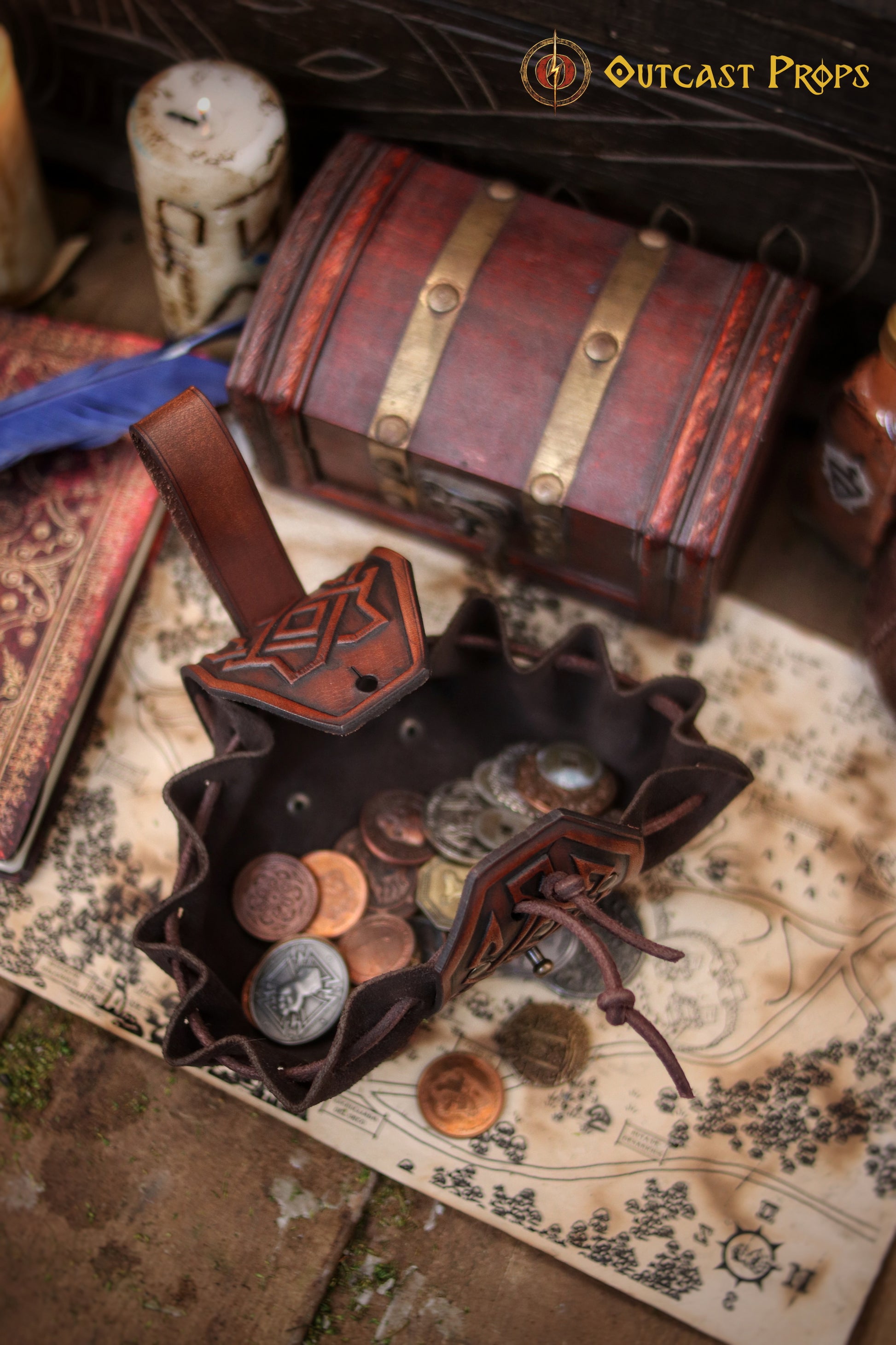Leather coin pouch with Celtic or Viking embossing, leather jewel belt bag for larp, steampunk, cosplay or fantasy costume.
